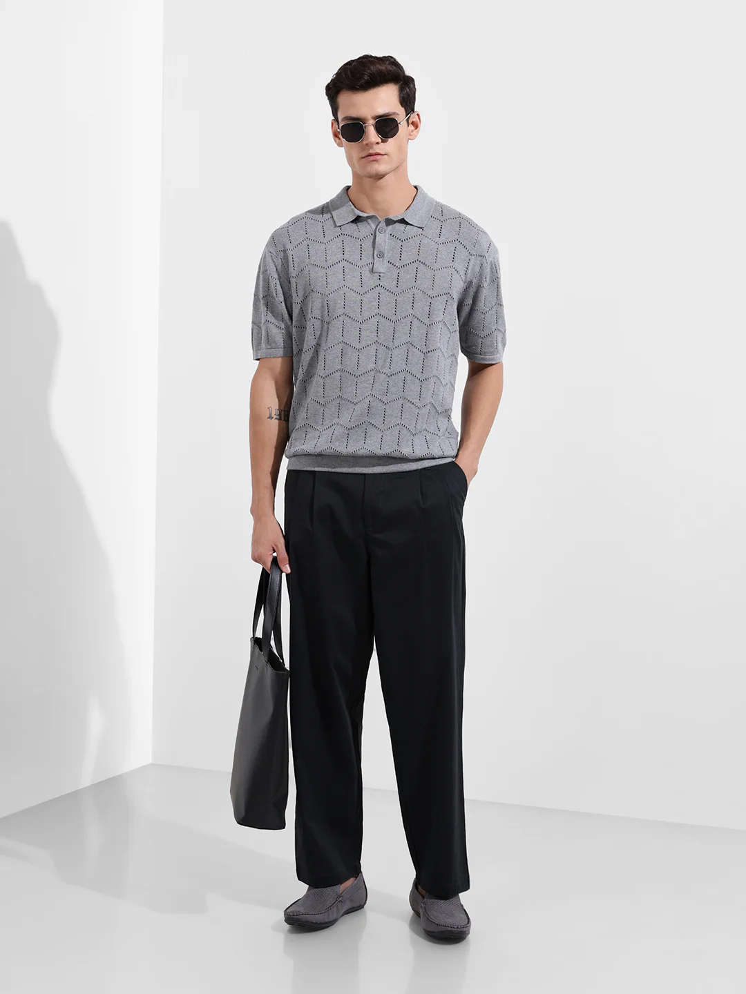 Men's Grey Melange Oversized Fit Textured Flat Knit T-Shirt - Image 2