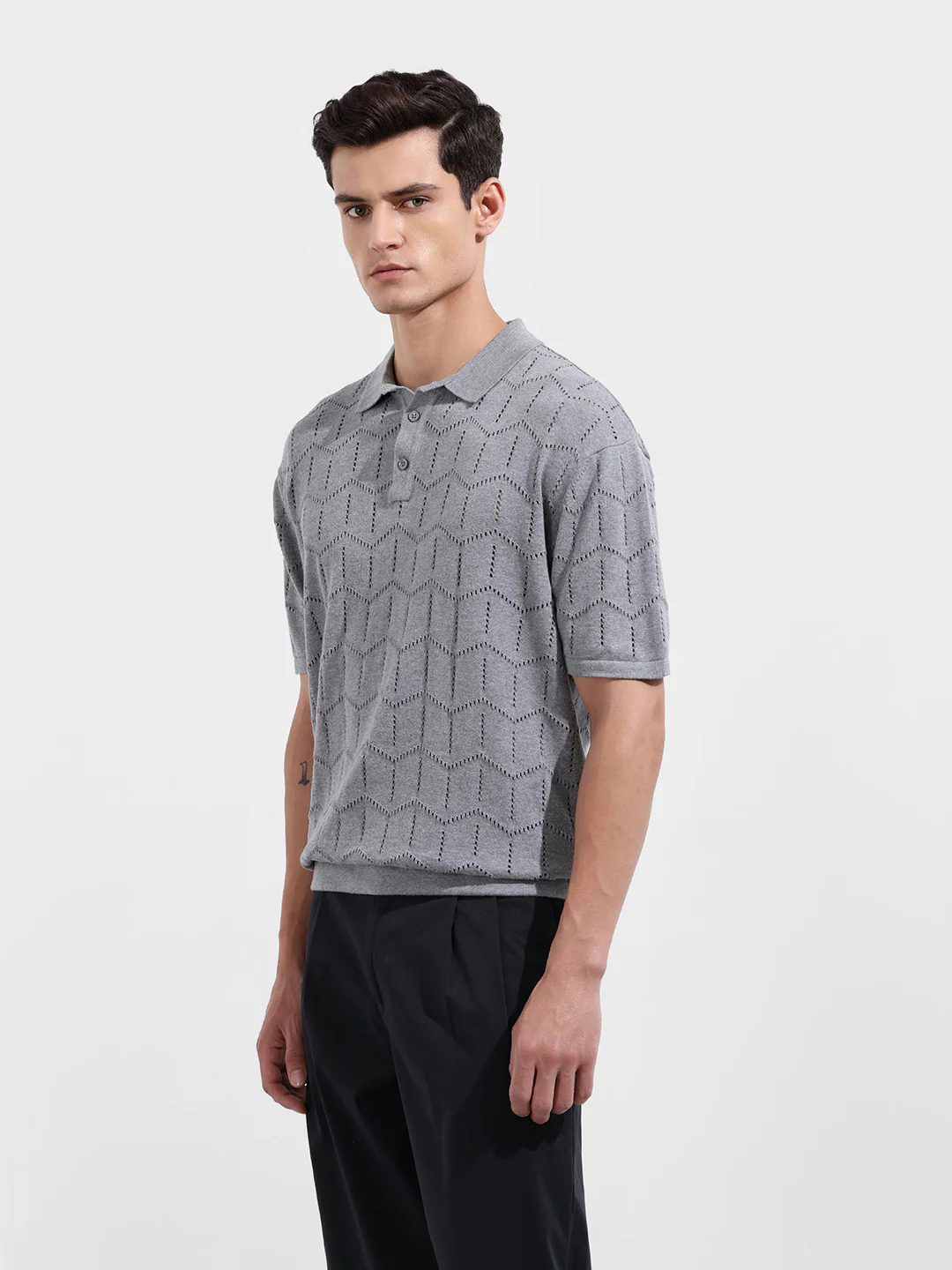 Men's Grey Melange Oversized Fit Textured Flat Knit T-Shirt - Image 3