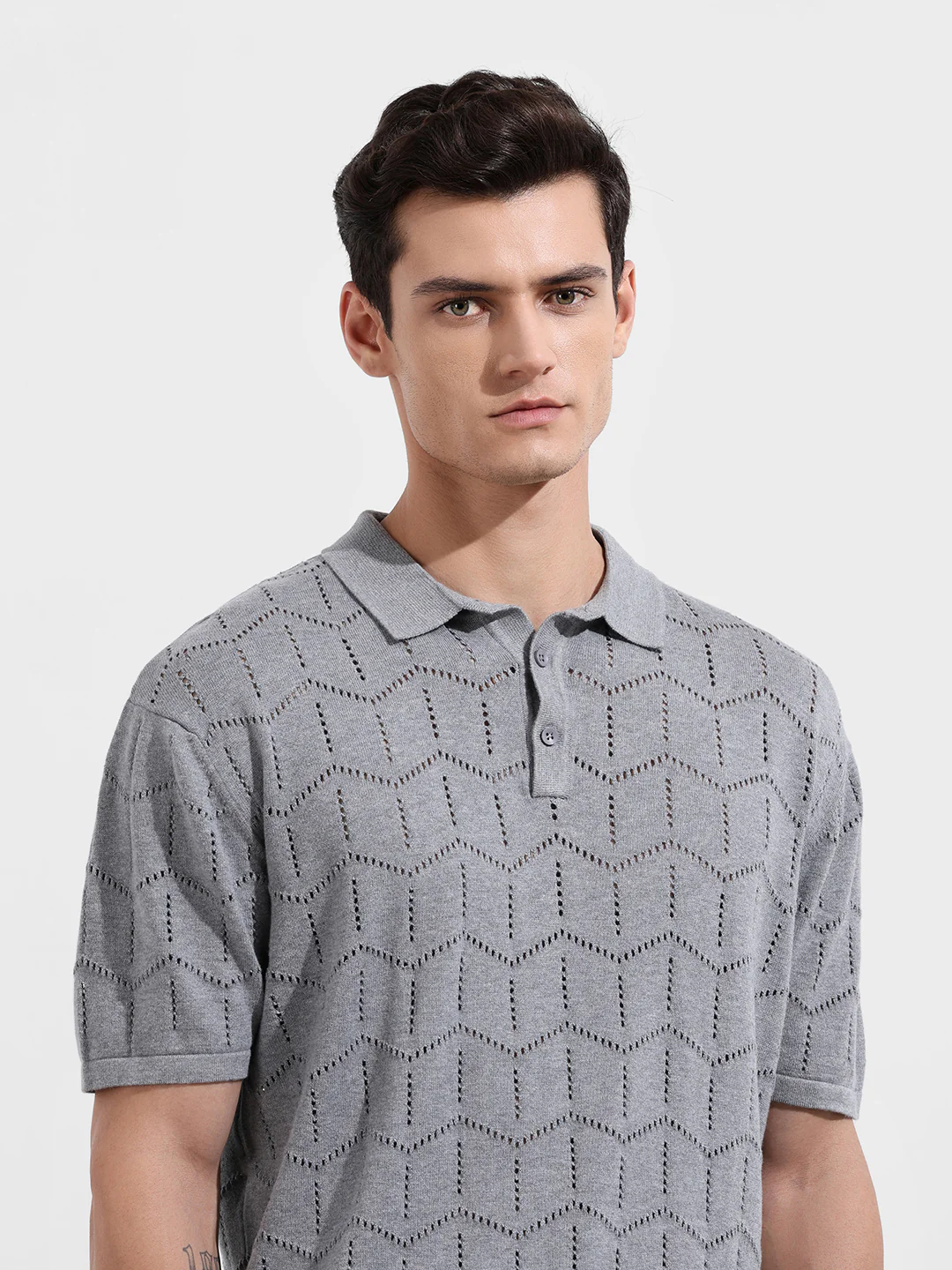 Men's Grey Melange Oversized Fit Textured Flat Knit T-Shirt - Image 4