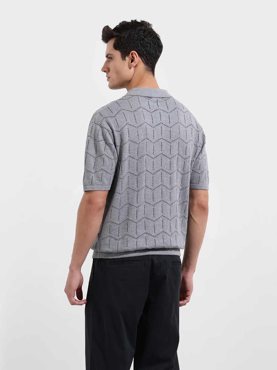 Men's Grey Melange Oversized Fit Textured Flat Knit T-Shirt - Image 5