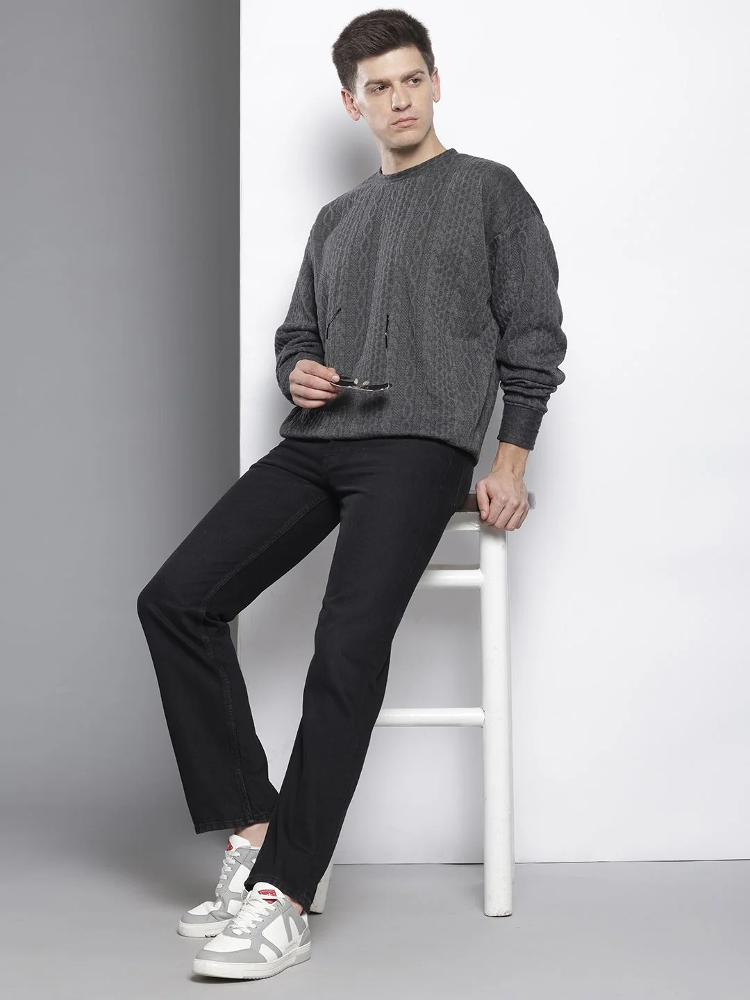 Men's Graphite Oversized Fit Textured Casual Sweatshirts - Image 5