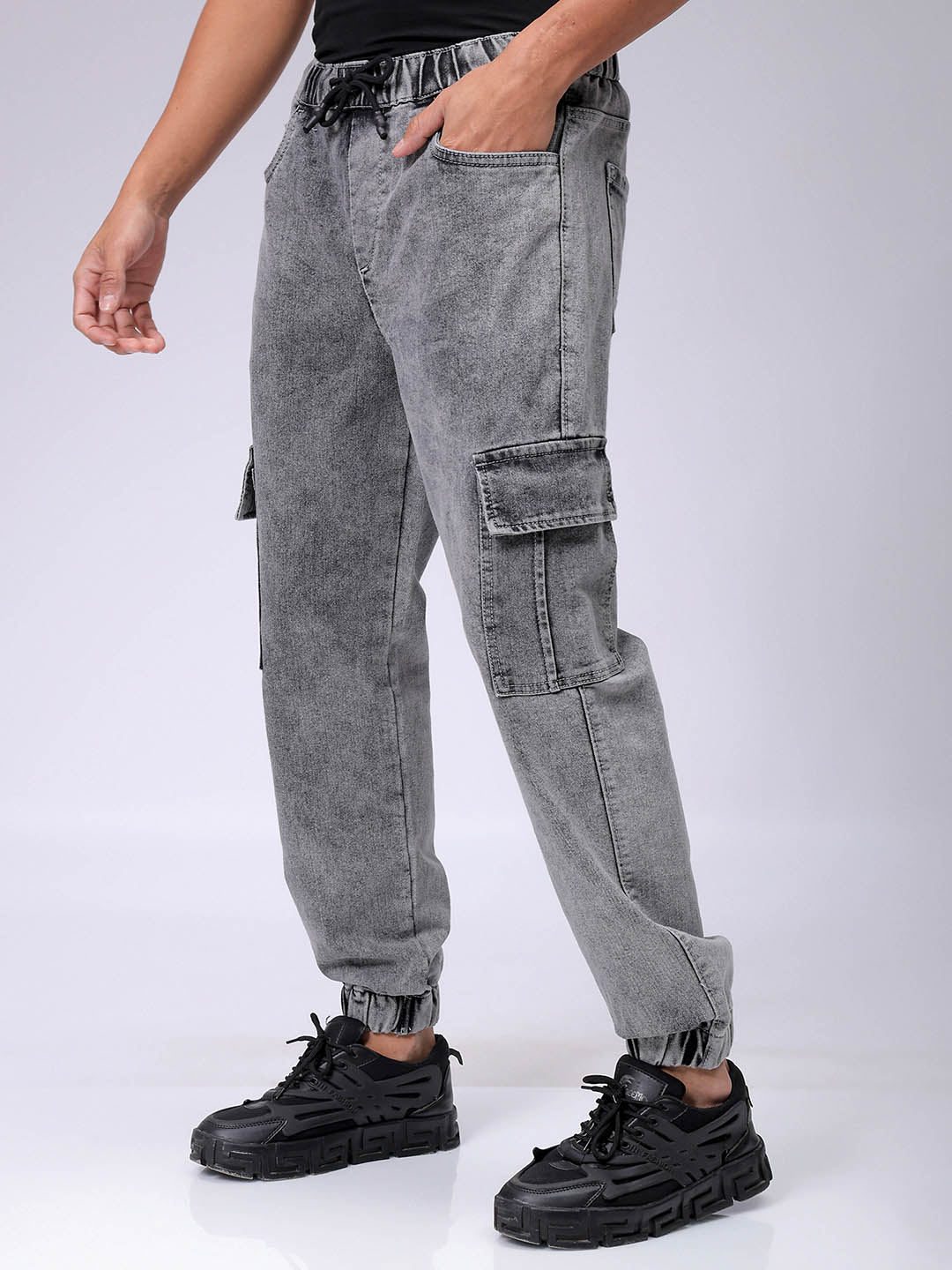 Men's Grey Regular Fit Solid Street Wear Jeans - Image 3