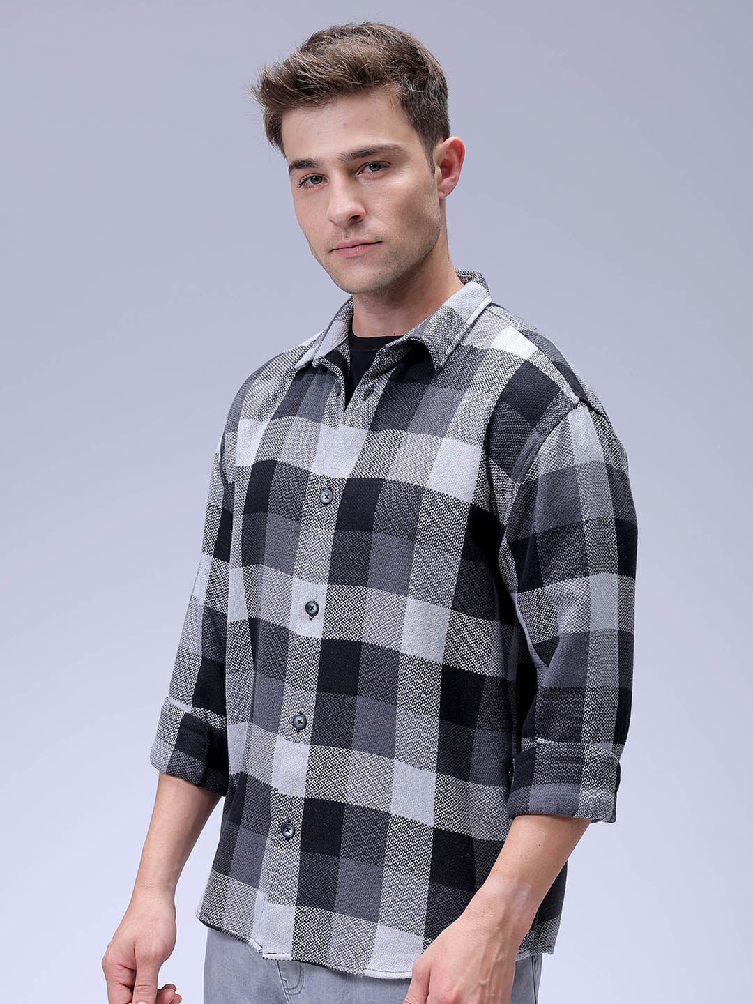 Men's Grey Relaxed Fit Checkered Casual Shirt - Image 3