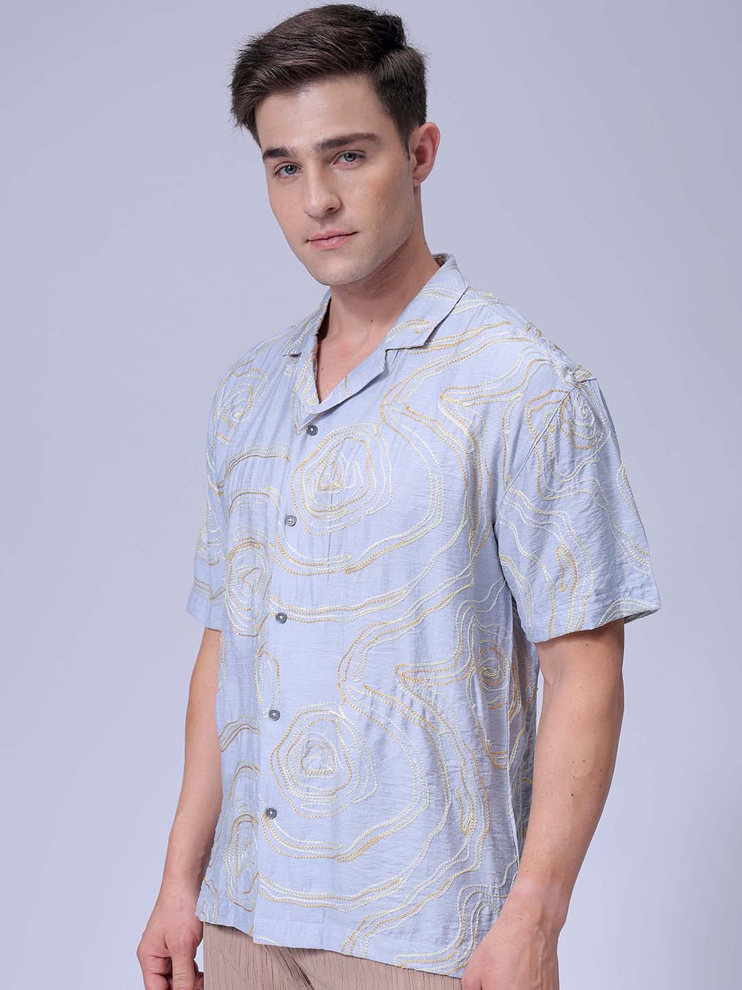 Men's Grey Relaxed Fit Embroided Embroidered Shirt - Image 2