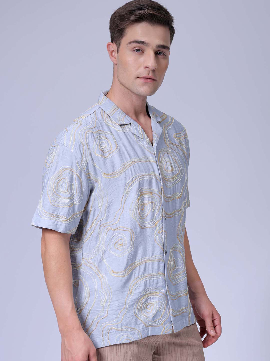 Men's Grey Relaxed Fit Embroided Embroidered Shirt - Image 3