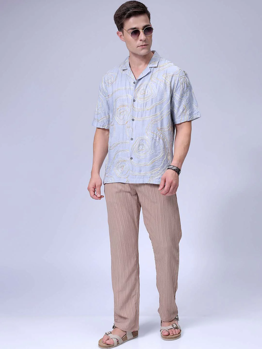 Men's Grey Relaxed Fit Embroided Embroidered Shirt - Image 4