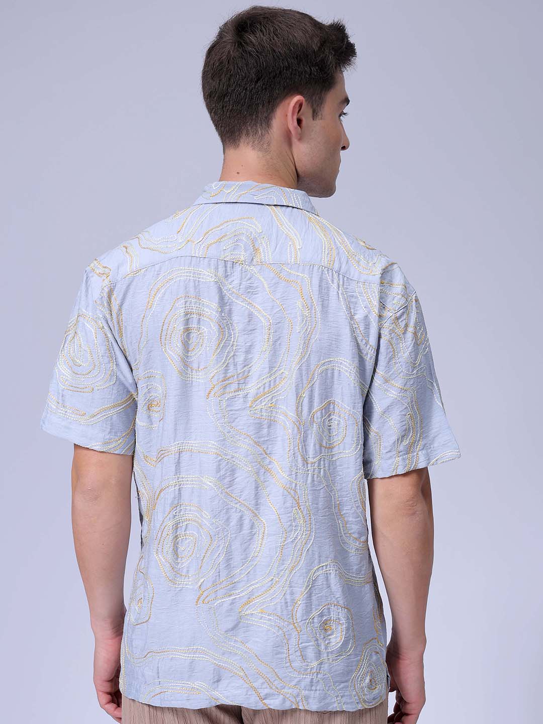 Men's Grey Relaxed Fit Embroided Embroidered Shirt - Image 5