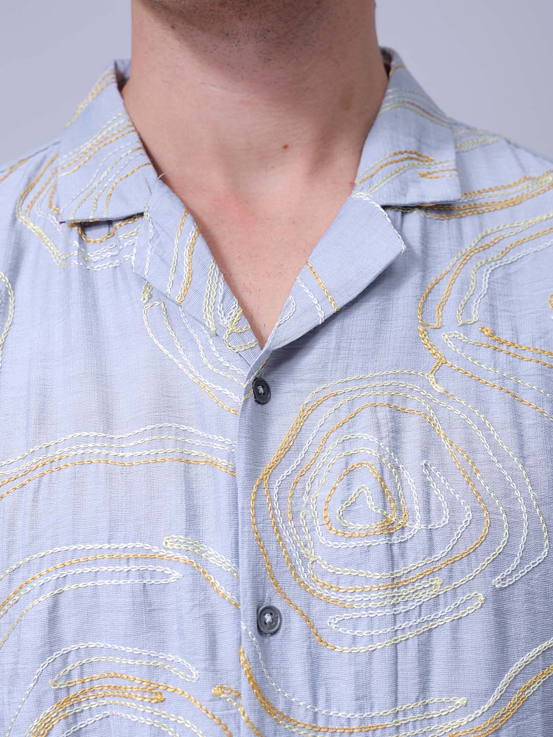 Men's Grey Relaxed Fit Embroided Embroidered Shirt - Image 6