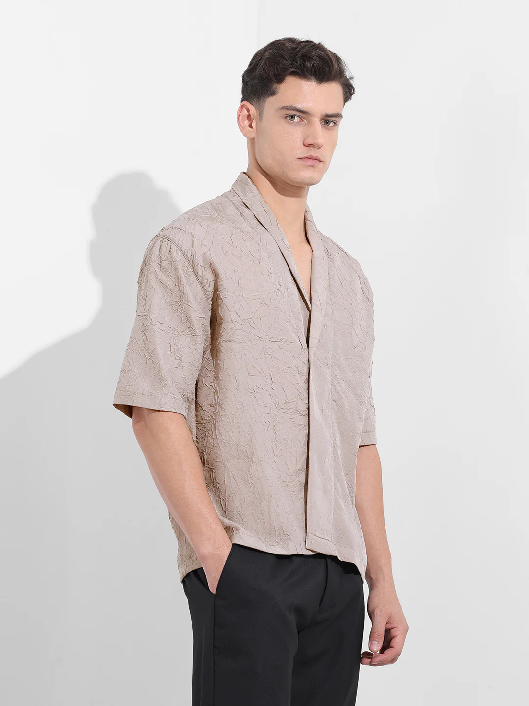 Men's Grey Relaxed Fit Textured Party Wear Shirt - Image 3