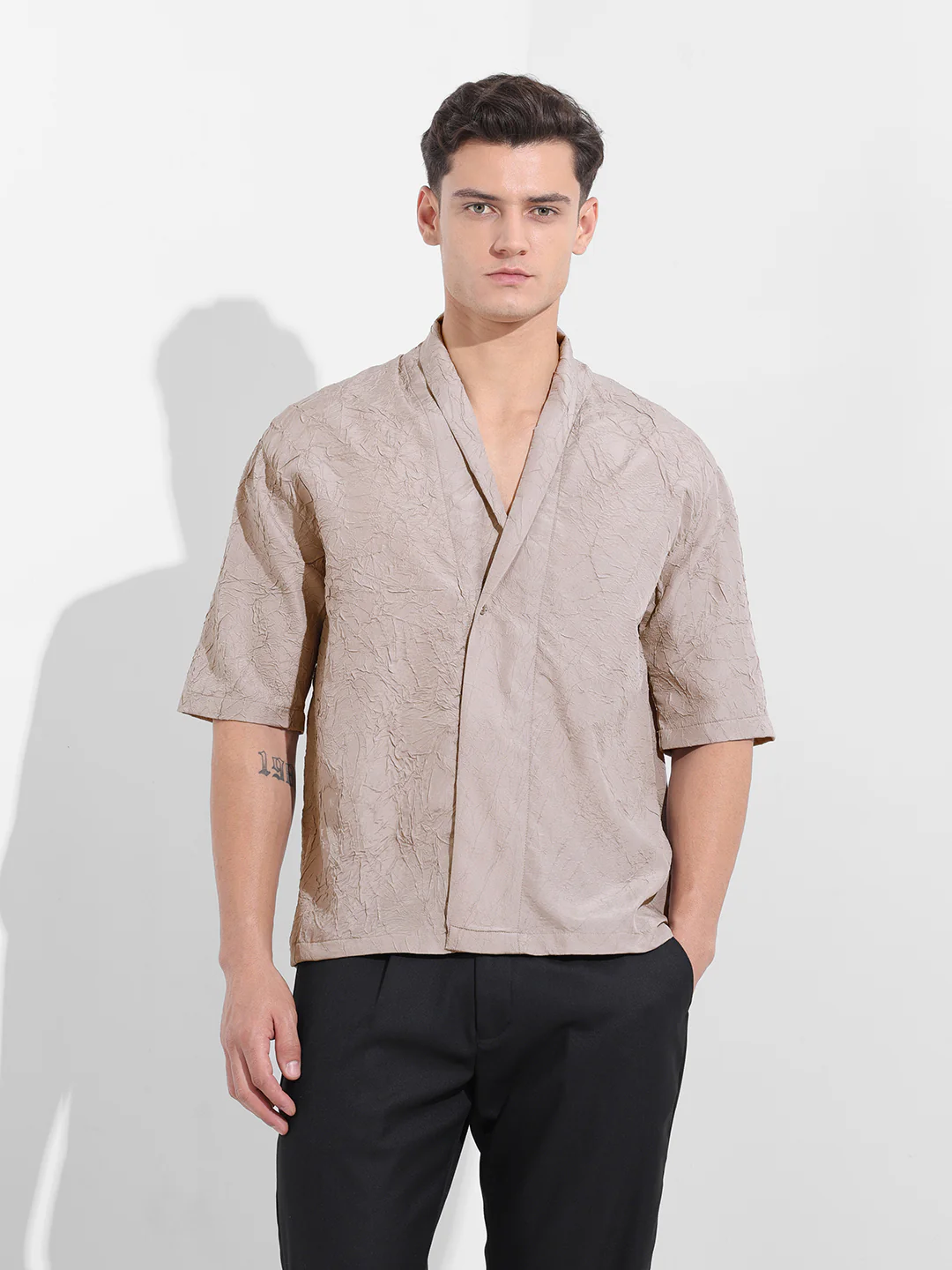 Men's Grey Relaxed Fit Textured Party Wear Shirt - Image 7
