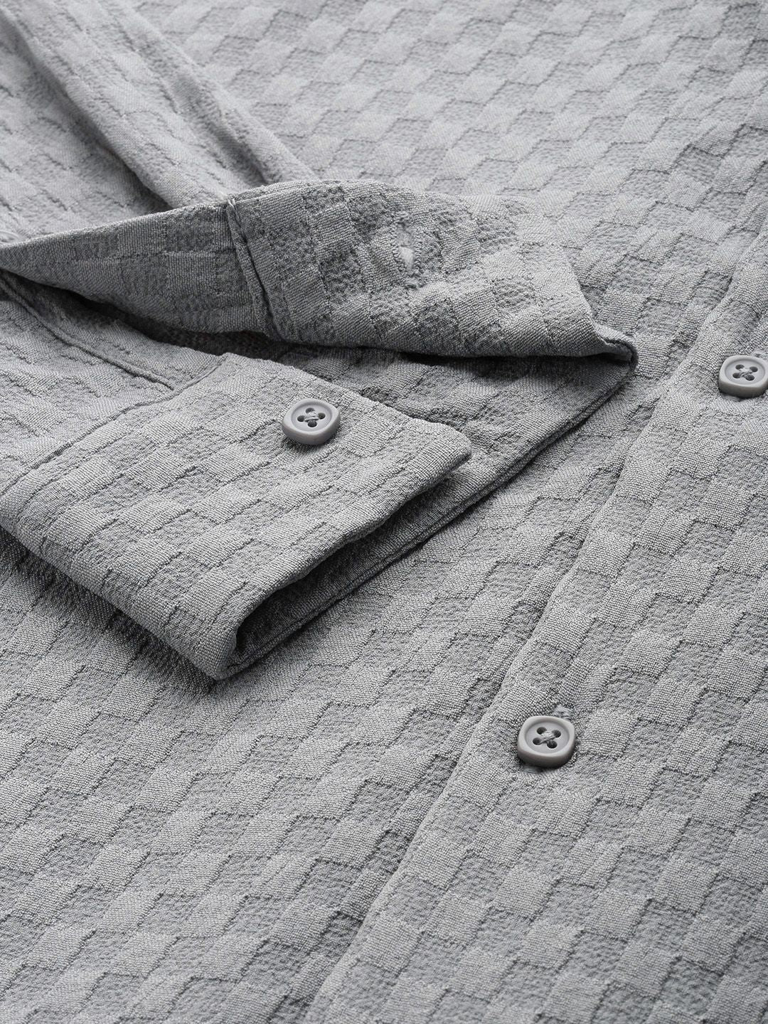 Men's Grey Relaxed Fit Solid Textured Shirt - Image 6