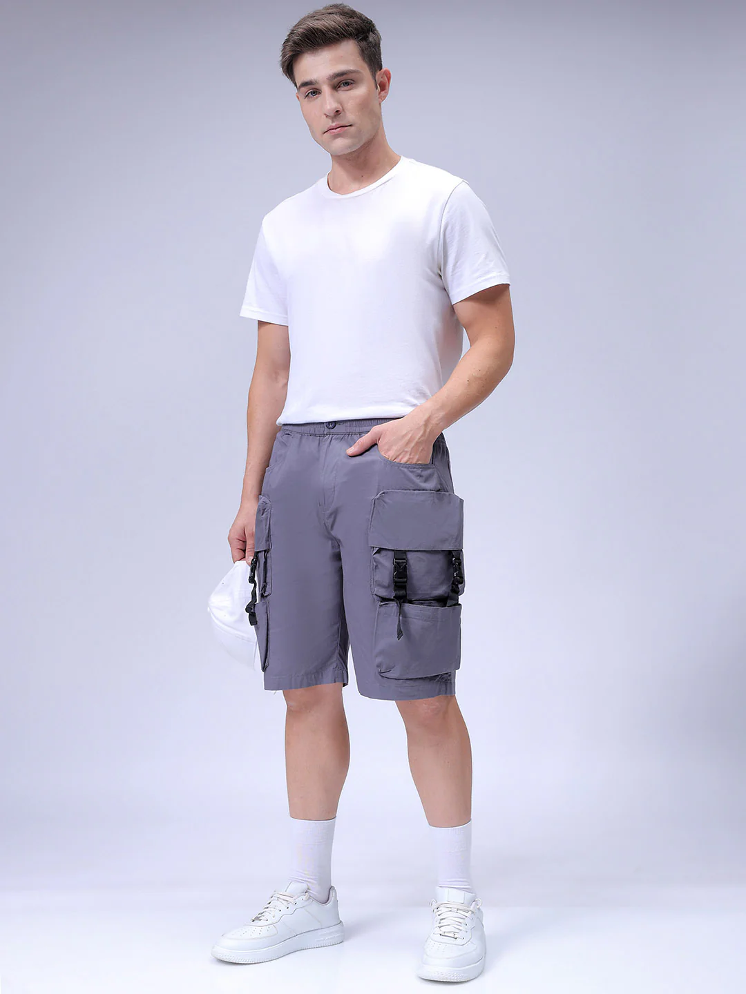 Men's Steel grey Relaxed Fit Solid Utility Shorts - Image 2