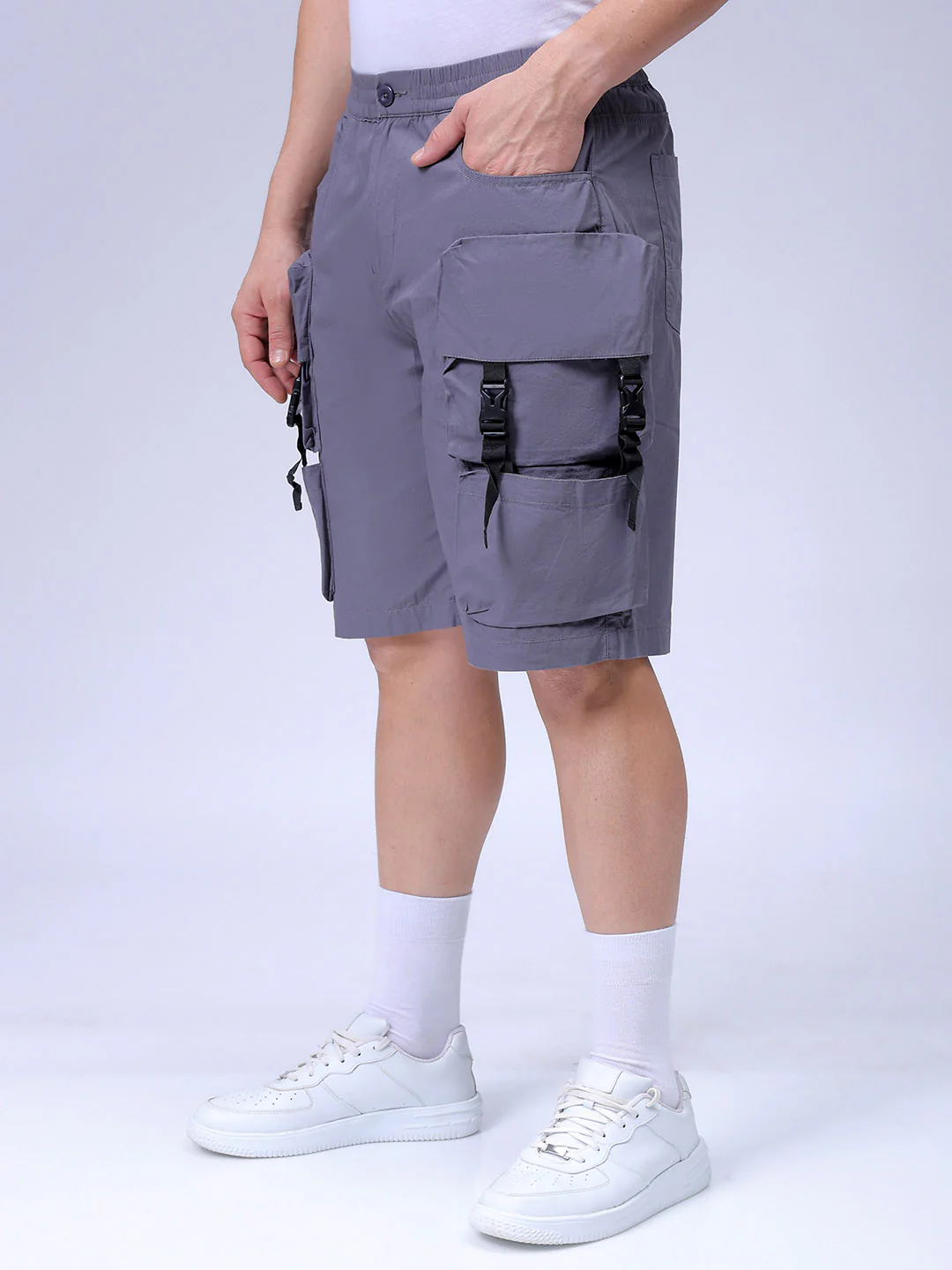 Men's Steel grey Relaxed Fit Solid Utility Shorts - Image 3