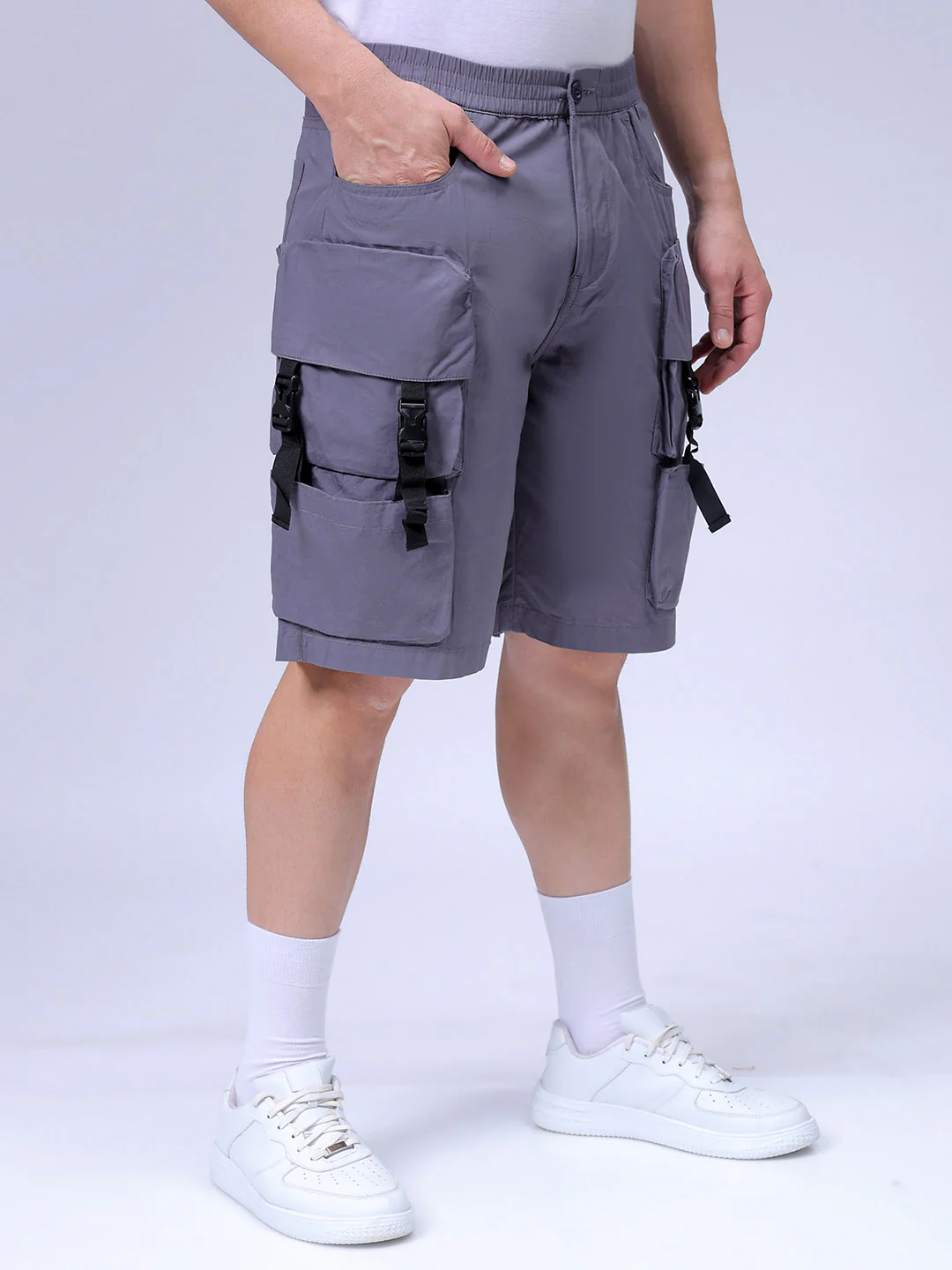 Men's Steel grey Relaxed Fit Solid Utility Shorts - Image 4