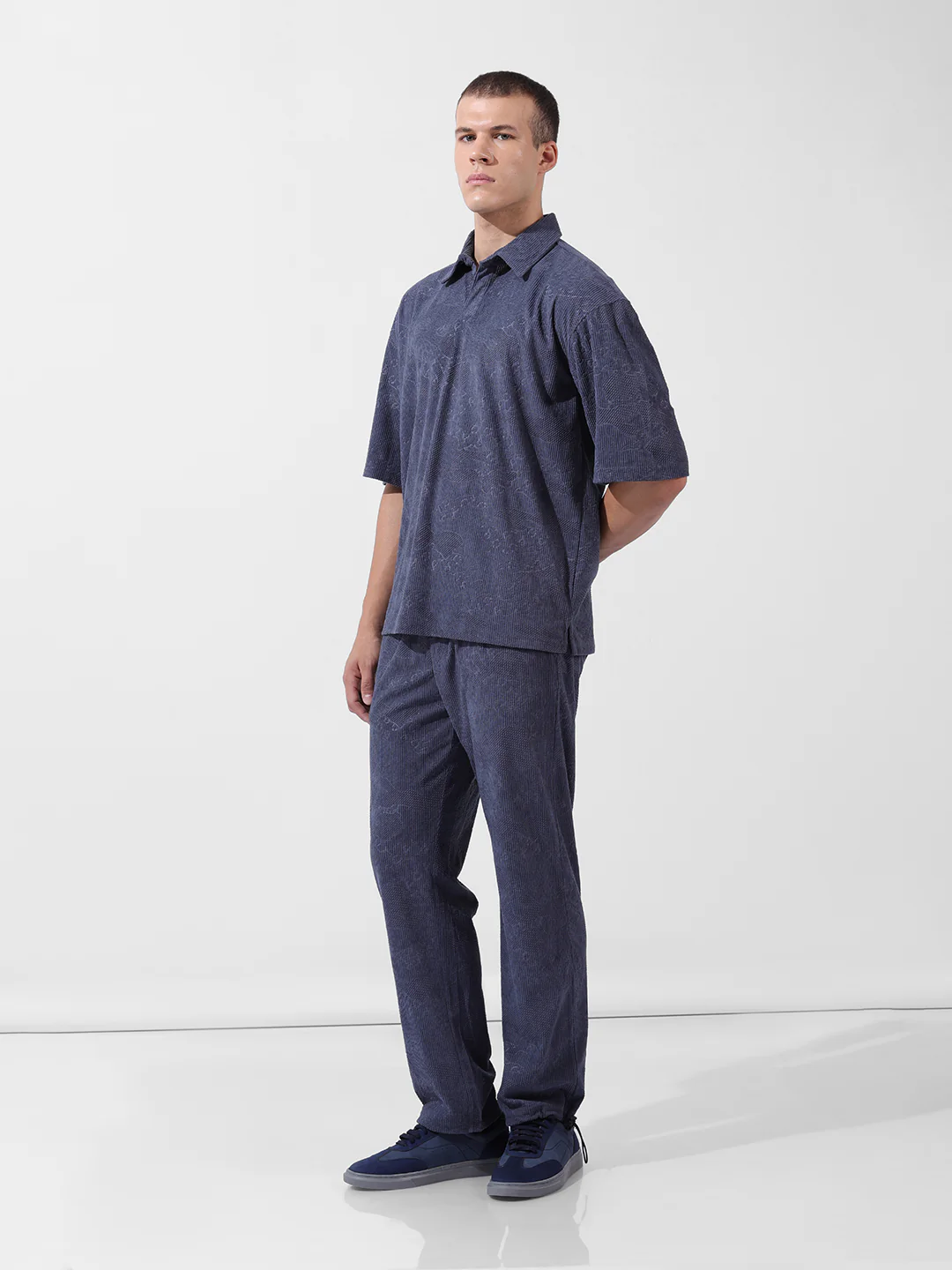 Men's Navy Blue Relaxed Fit Textured Street Coordinates - Image 2