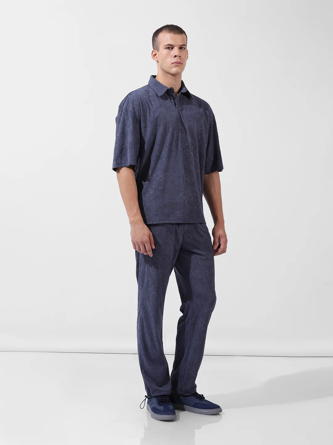 Men's Navy Blue Relaxed Fit Textured Street Coordinates - Image 3