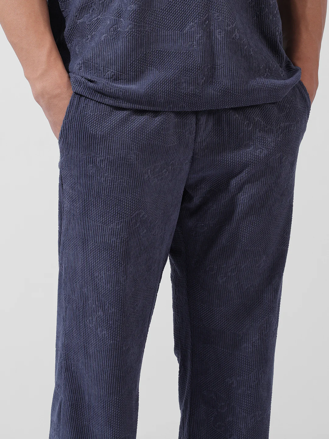 Men's Navy Blue Relaxed Fit Textured Street Coordinates - Image 5