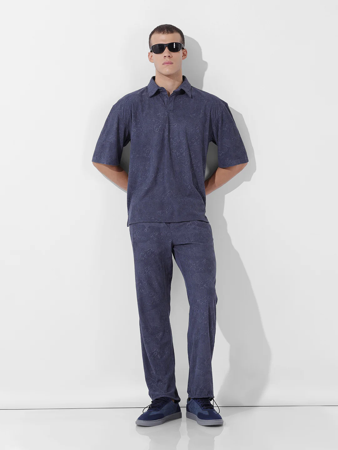 Men's Navy Blue Relaxed Fit Textured Street Coordinates - Image 8