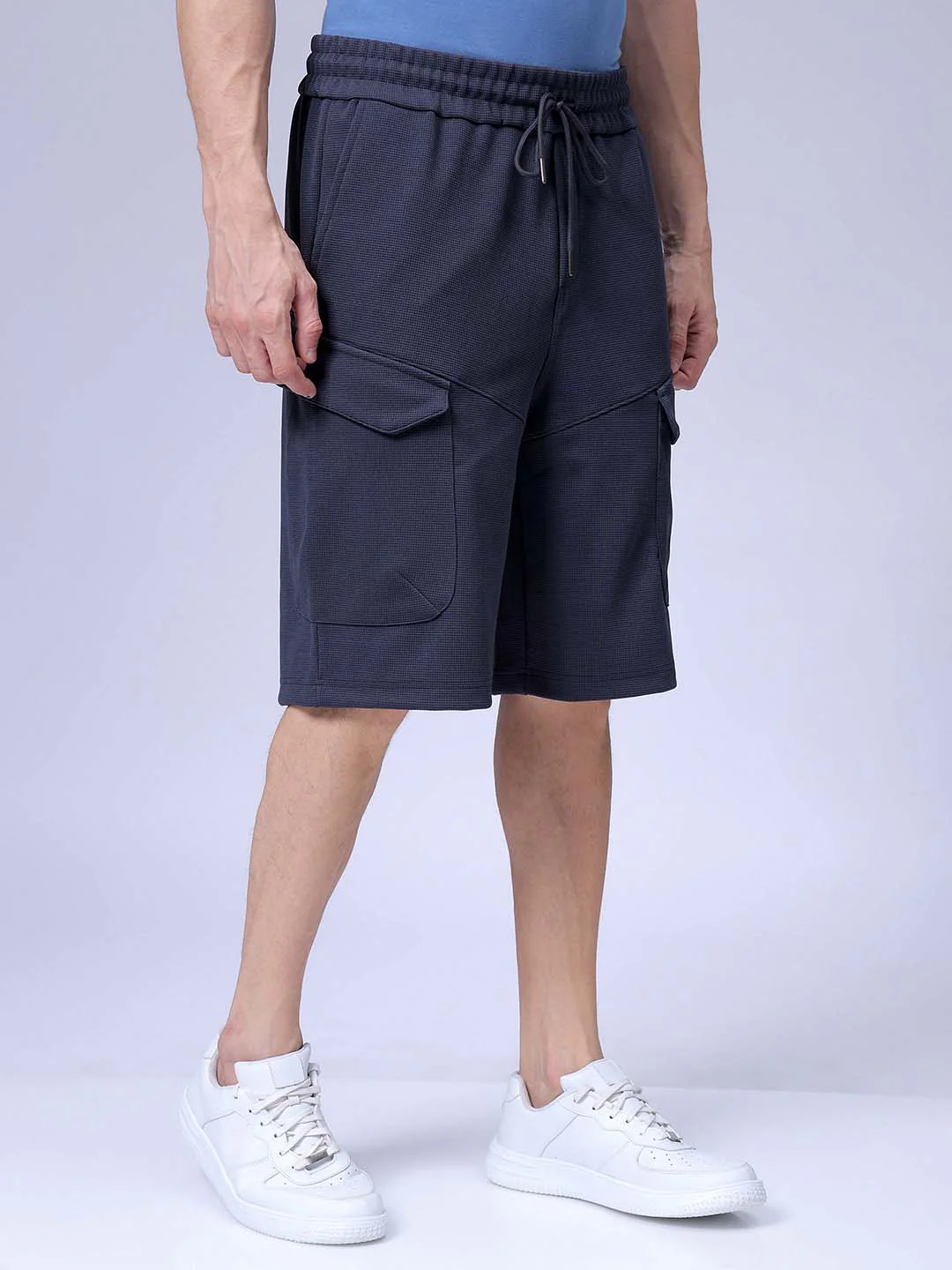 Men's Dark Grey Relaxed Fit Textured Utility Shorts - Image 3