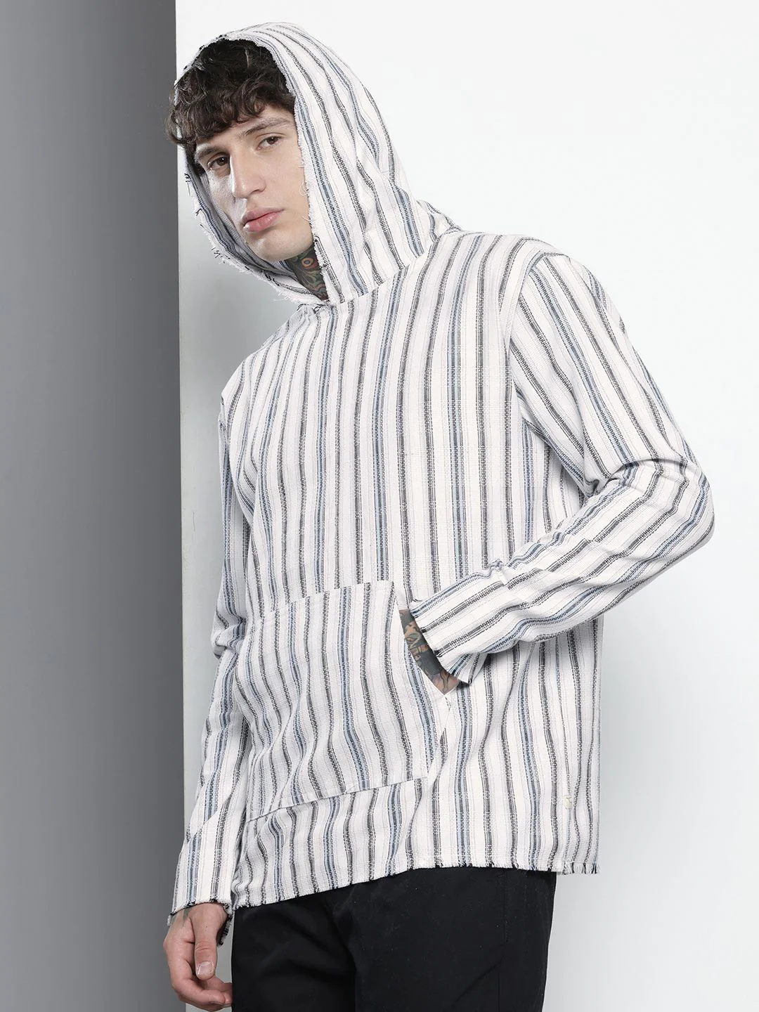 Men's Grey Relaxed Fit Vertical Stripes Bohemian Printed Shirt - Image 2