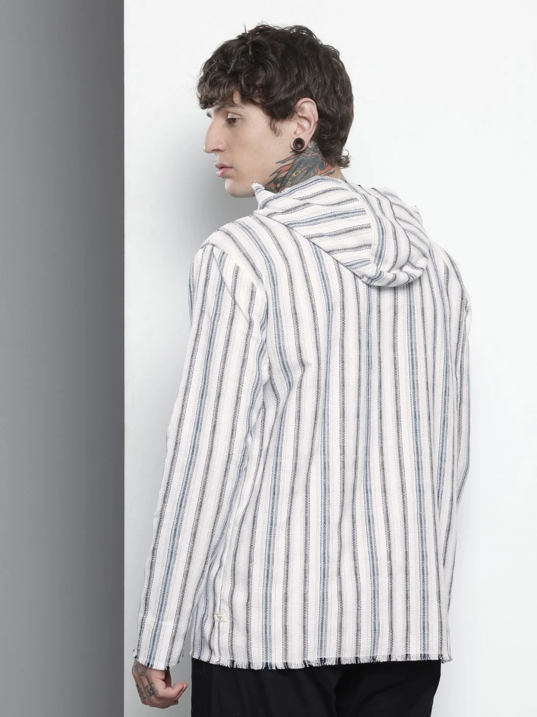 Men's Grey Relaxed Fit Vertical Stripes Bohemian Printed Shirt - Image 3