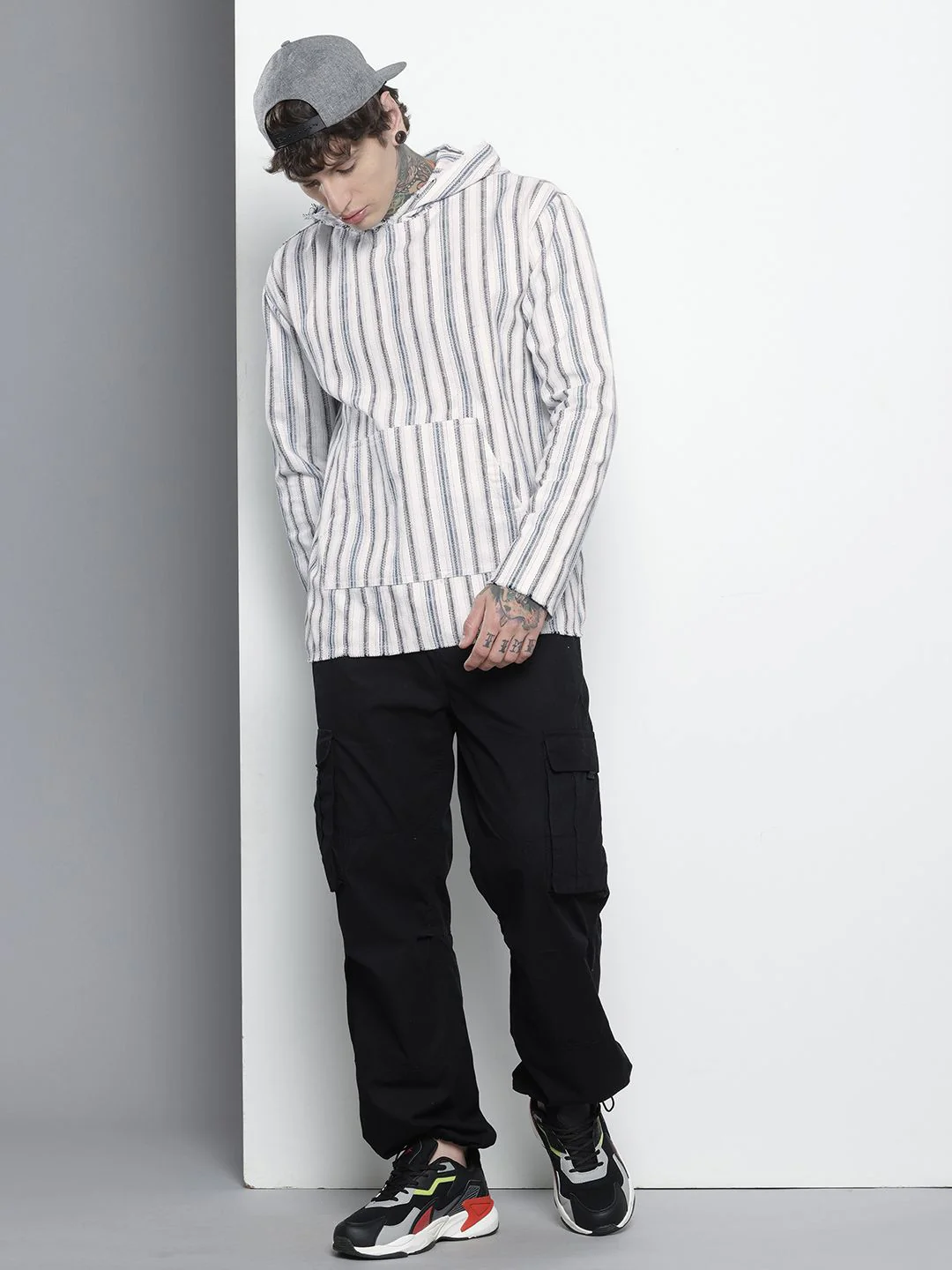 Men's Grey Relaxed Fit Vertical Stripes Bohemian Printed Shirt - Image 4