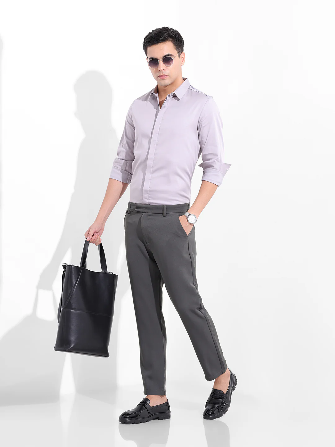 Men's Grey Slim Fit Solid Casual Trouser - Image 6