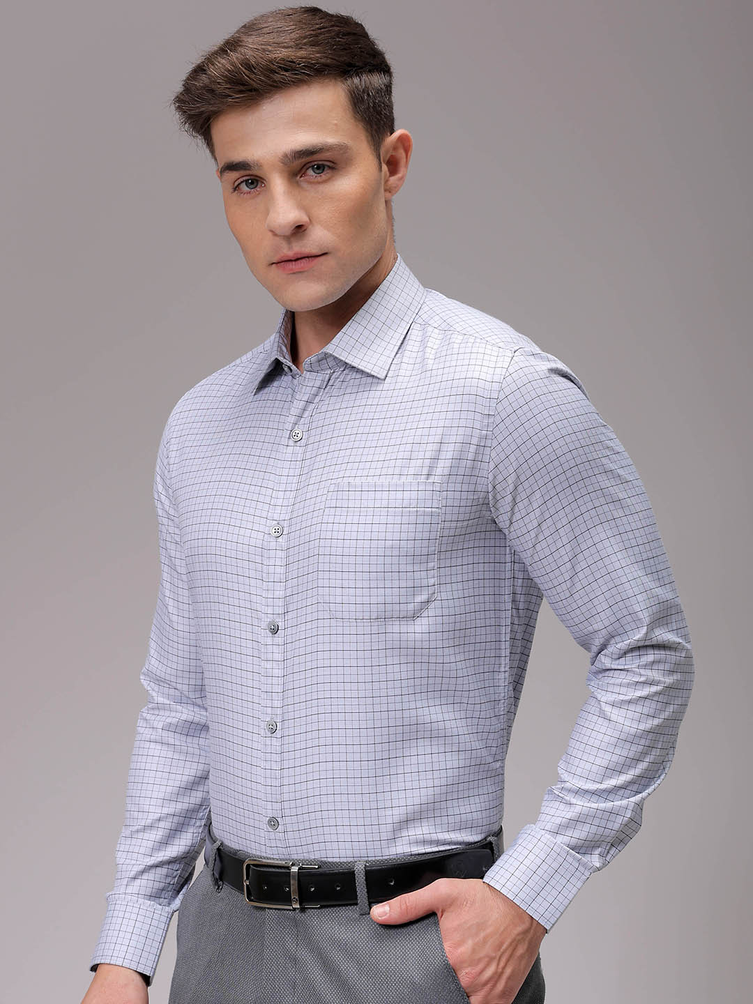 Men's Grey Slim Fit Checked Formal Shirt - Image 2