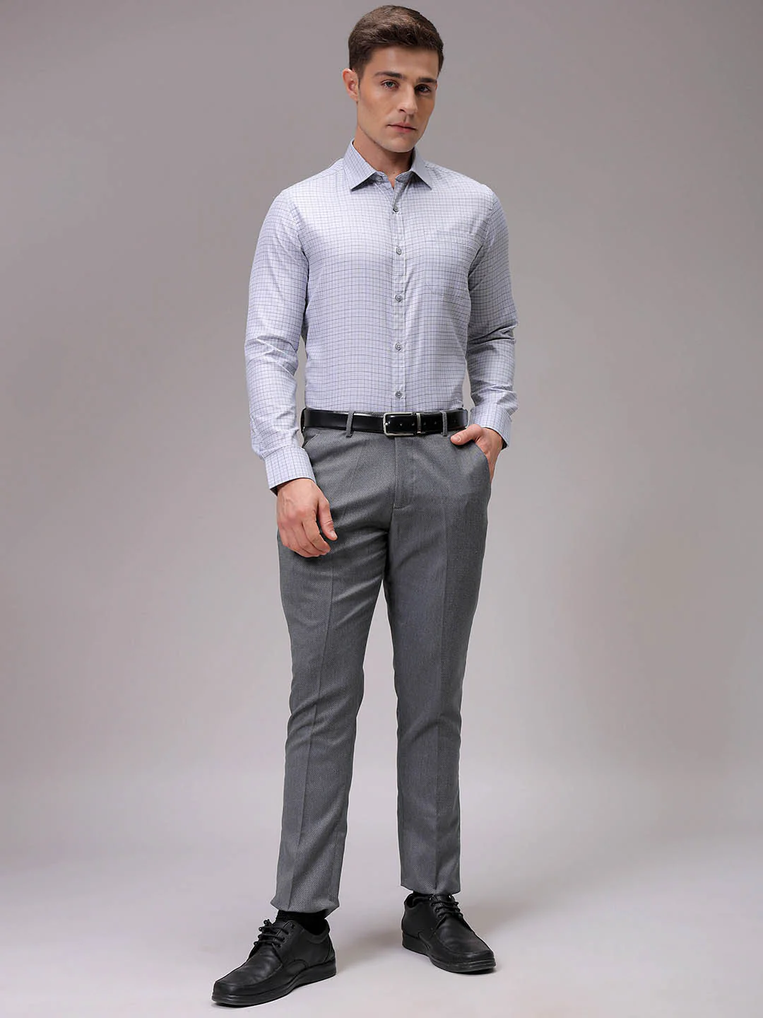 Men's Grey Slim Fit Checked Formal Shirt - Image 4