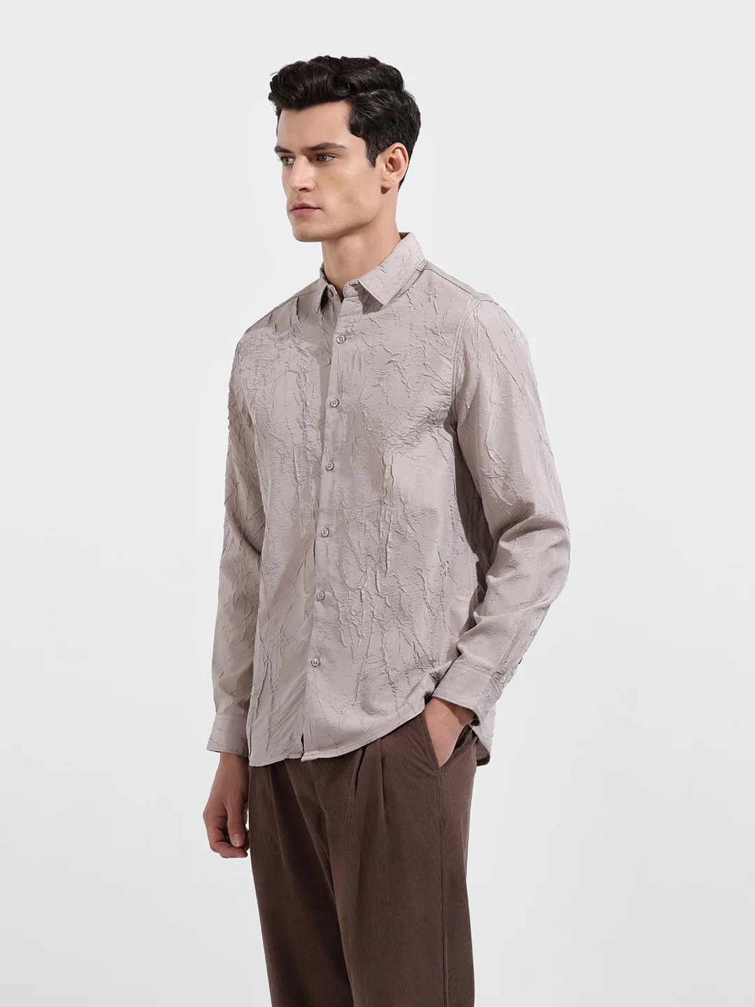 Men's Grey Slim Fit Textured Party Wear Shirt - Image 4