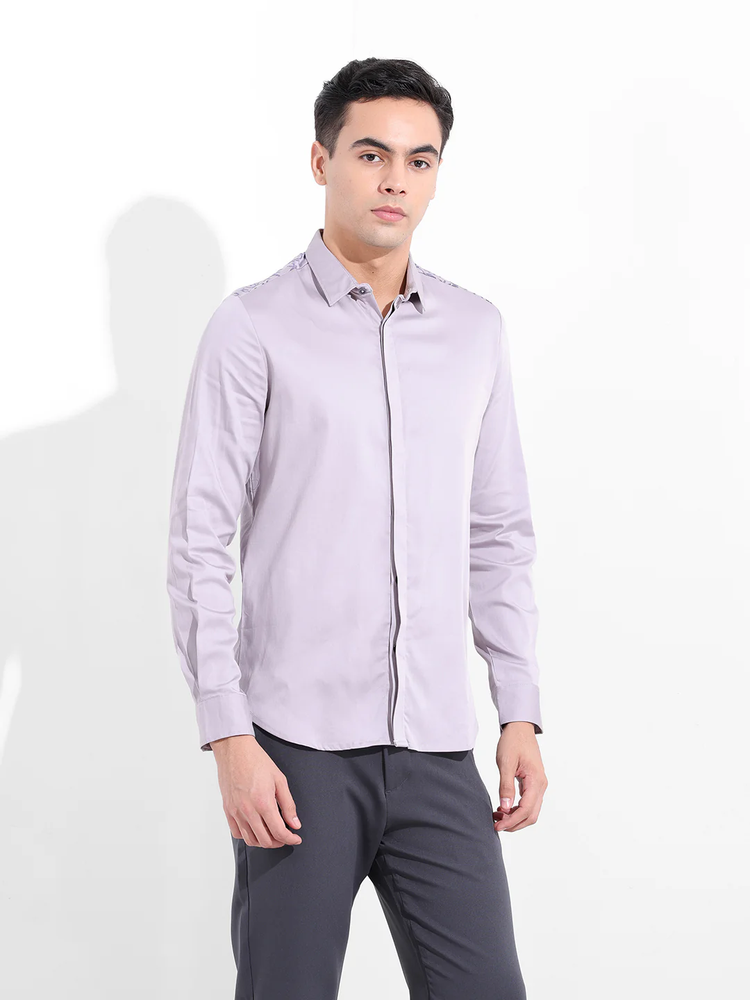 Men's Grey Slim Fit Embraided Party Wear Shirt - Image 4