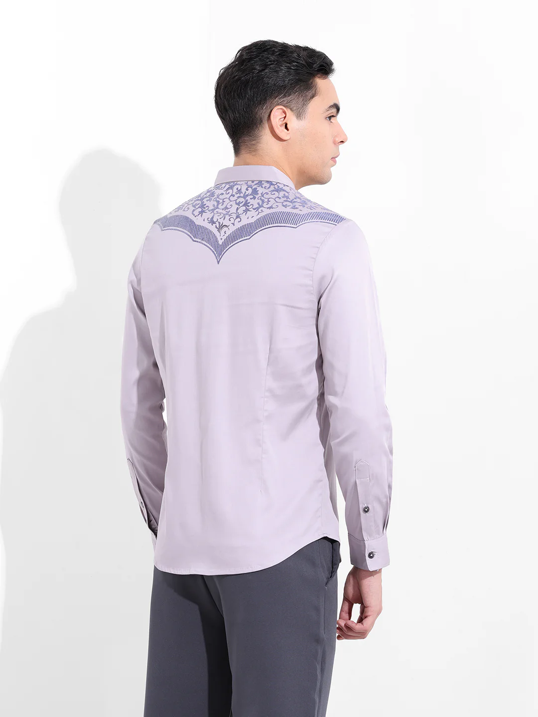 Men's Grey Slim Fit Embraided Party Wear Shirt - Image 5