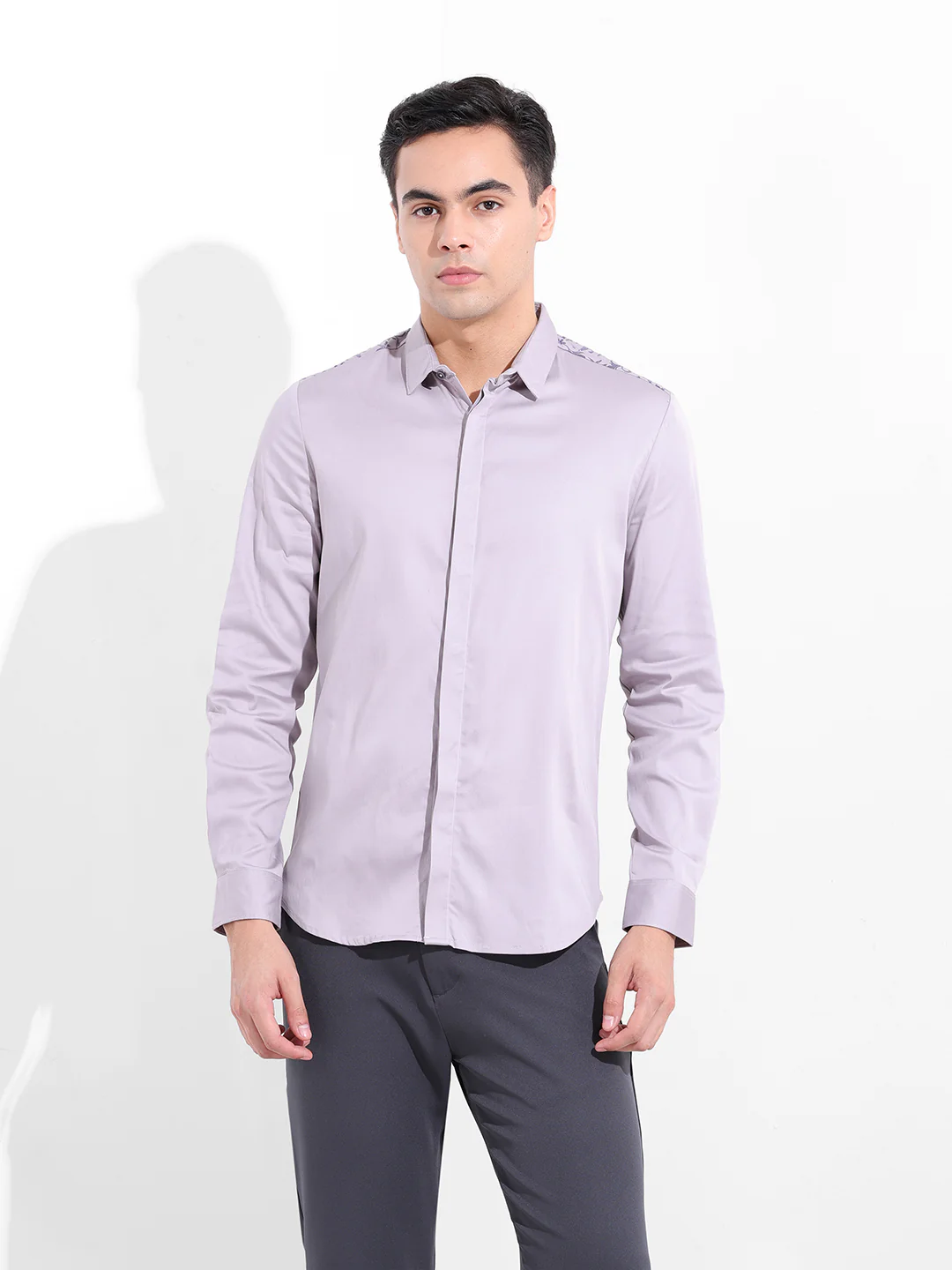Men's Grey Slim Fit Embraided Party Wear Shirt - Image 7