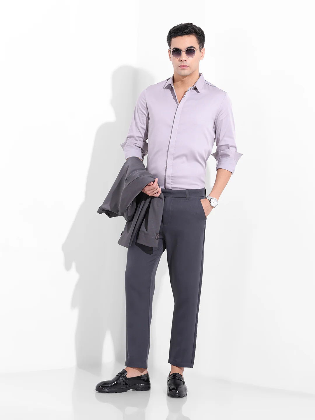 Men's Grey Slim Fit Embraided Party Wear Shirt - Image 8