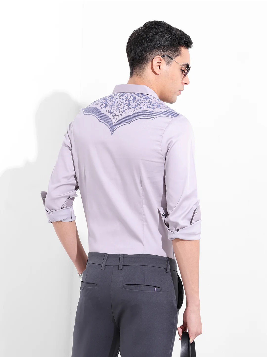 Men's Grey Slim Fit Embraided Party Wear Shirt - Image 9
