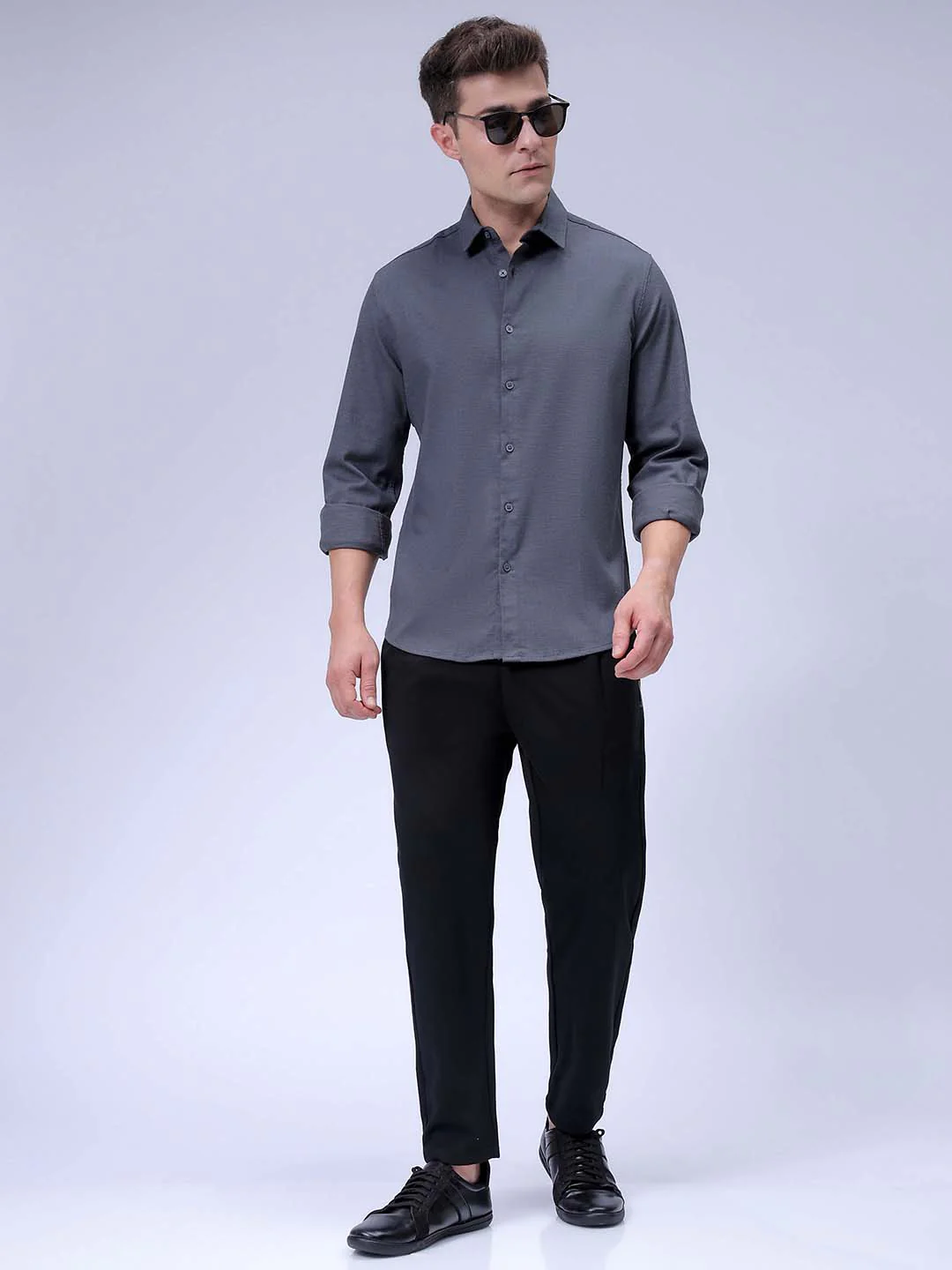 Men's Grey Slim Fit Solid Textured Shirt - Image 3