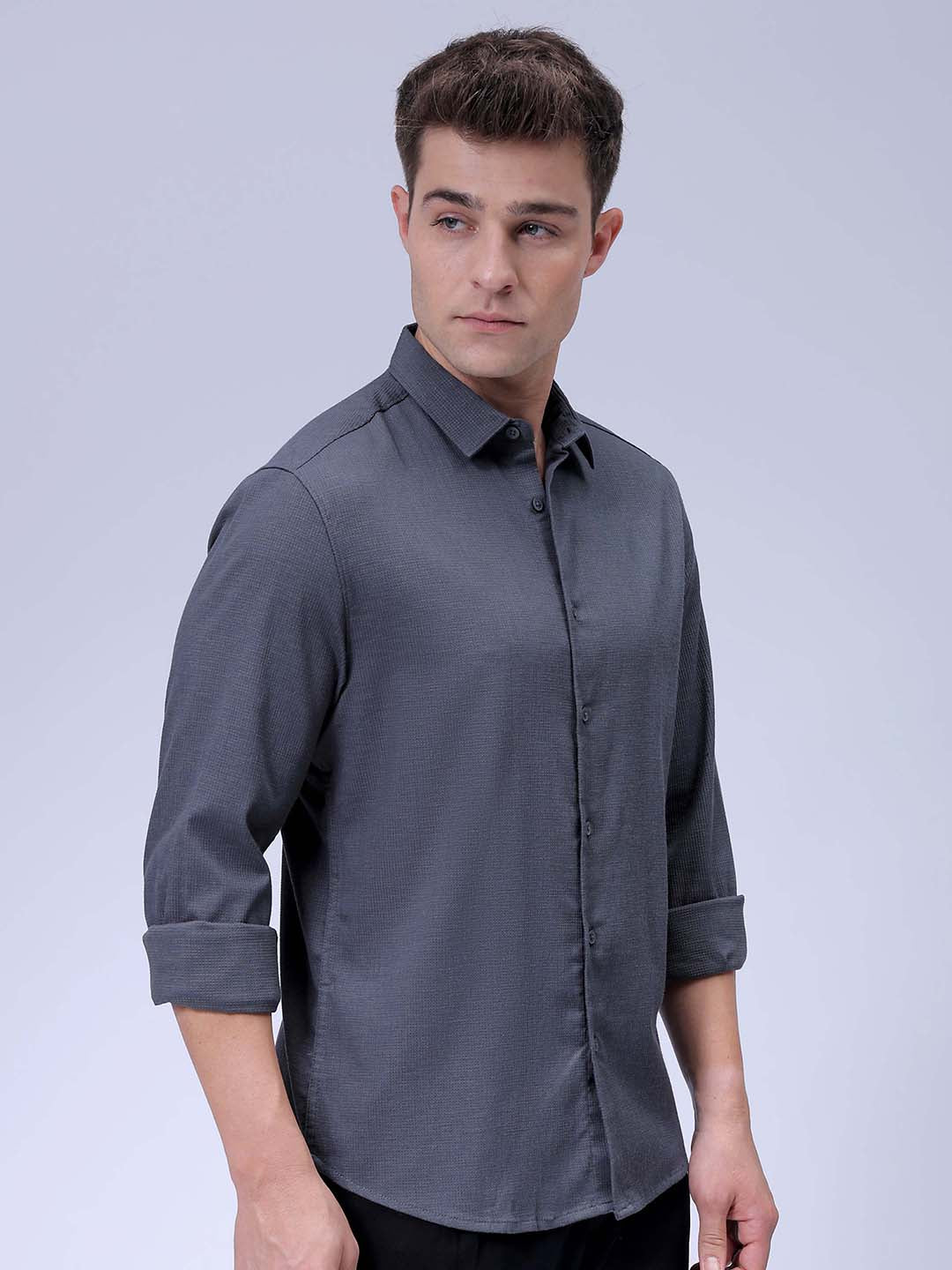 Men's Grey Slim Fit Solid Textured Shirt - Image 4