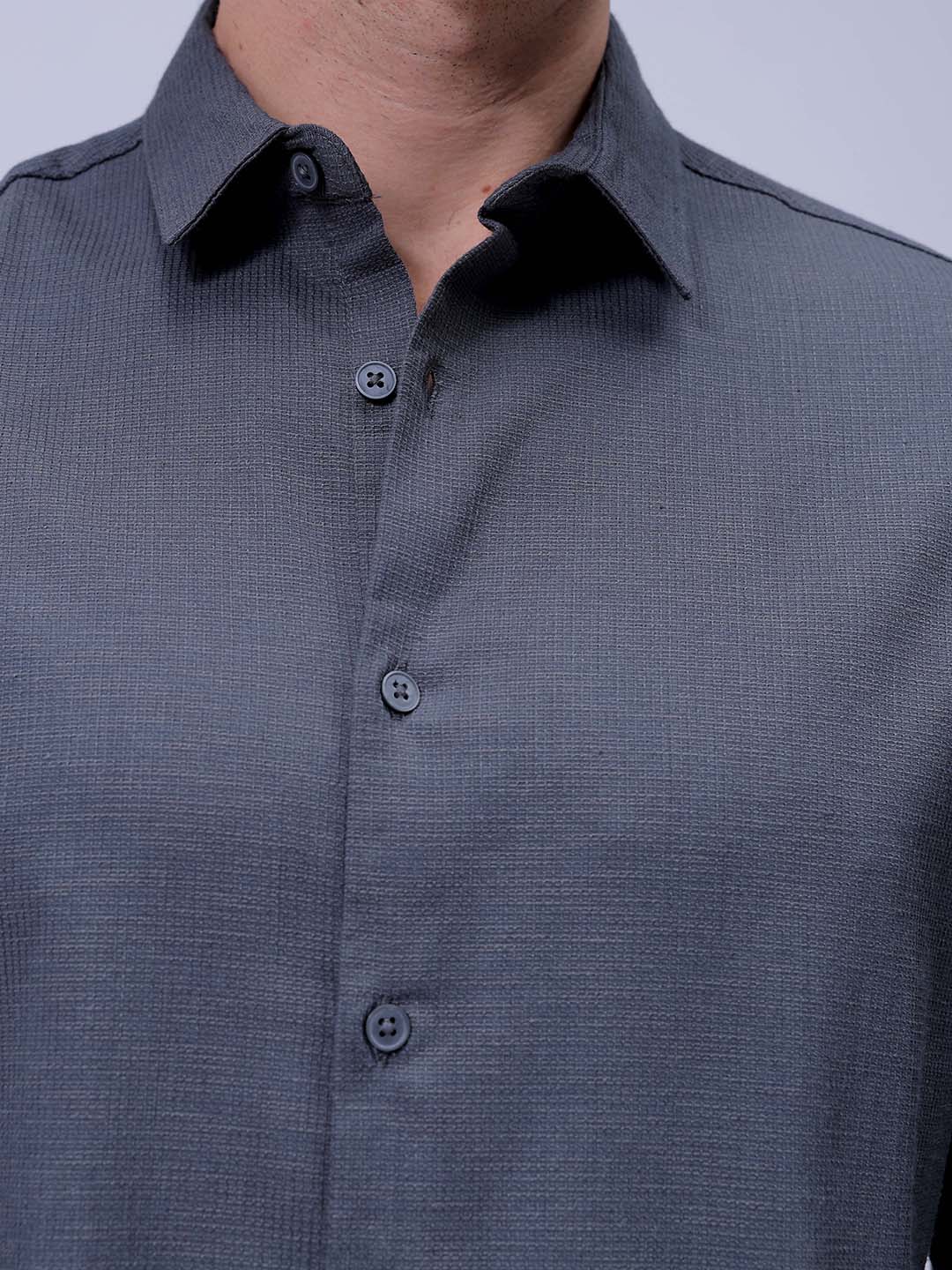 Men's Grey Slim Fit Solid Textured Shirt - Image 6