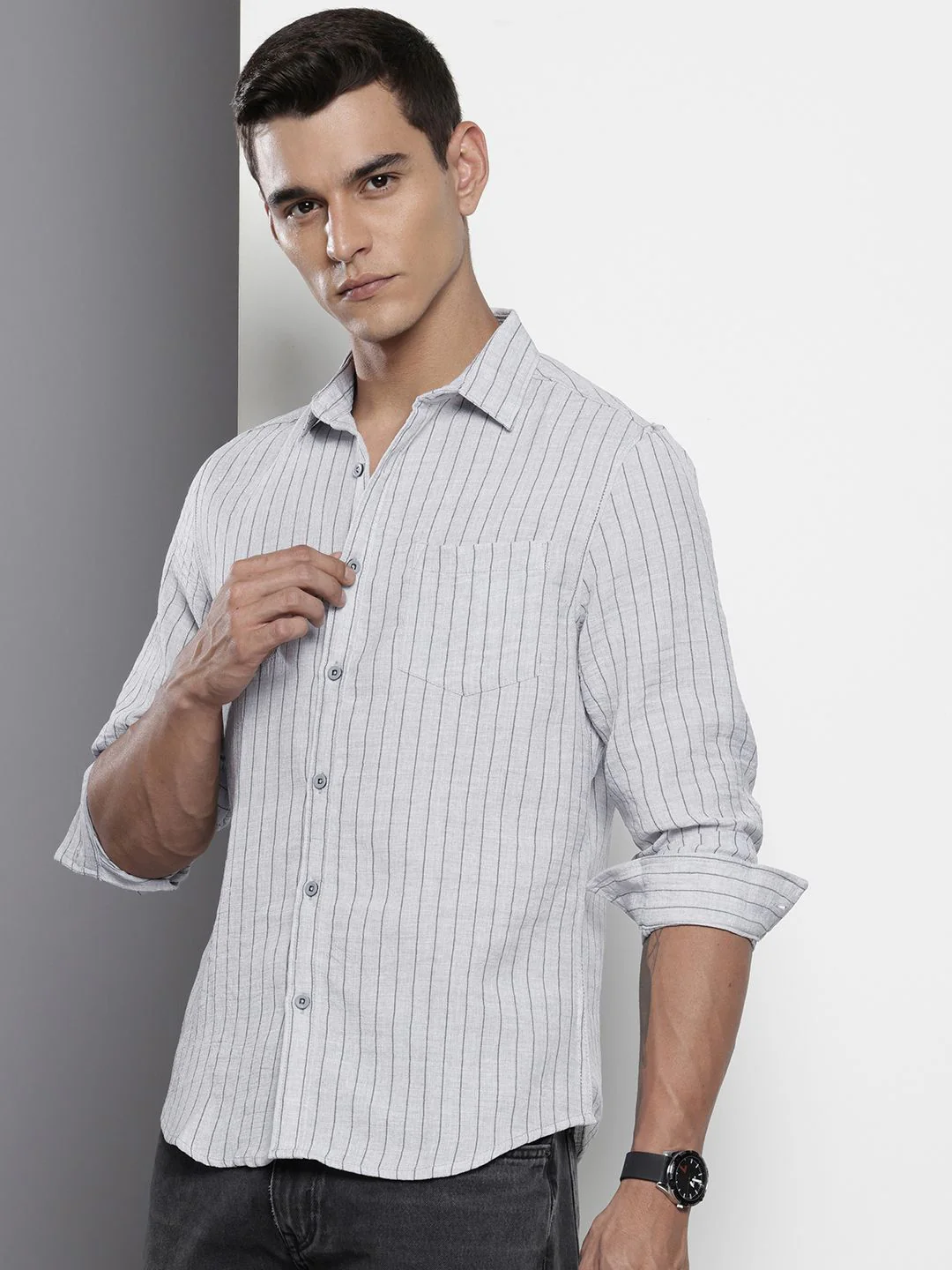 Men's Grey Slim Fit Striped Casual Shirt - Image 4