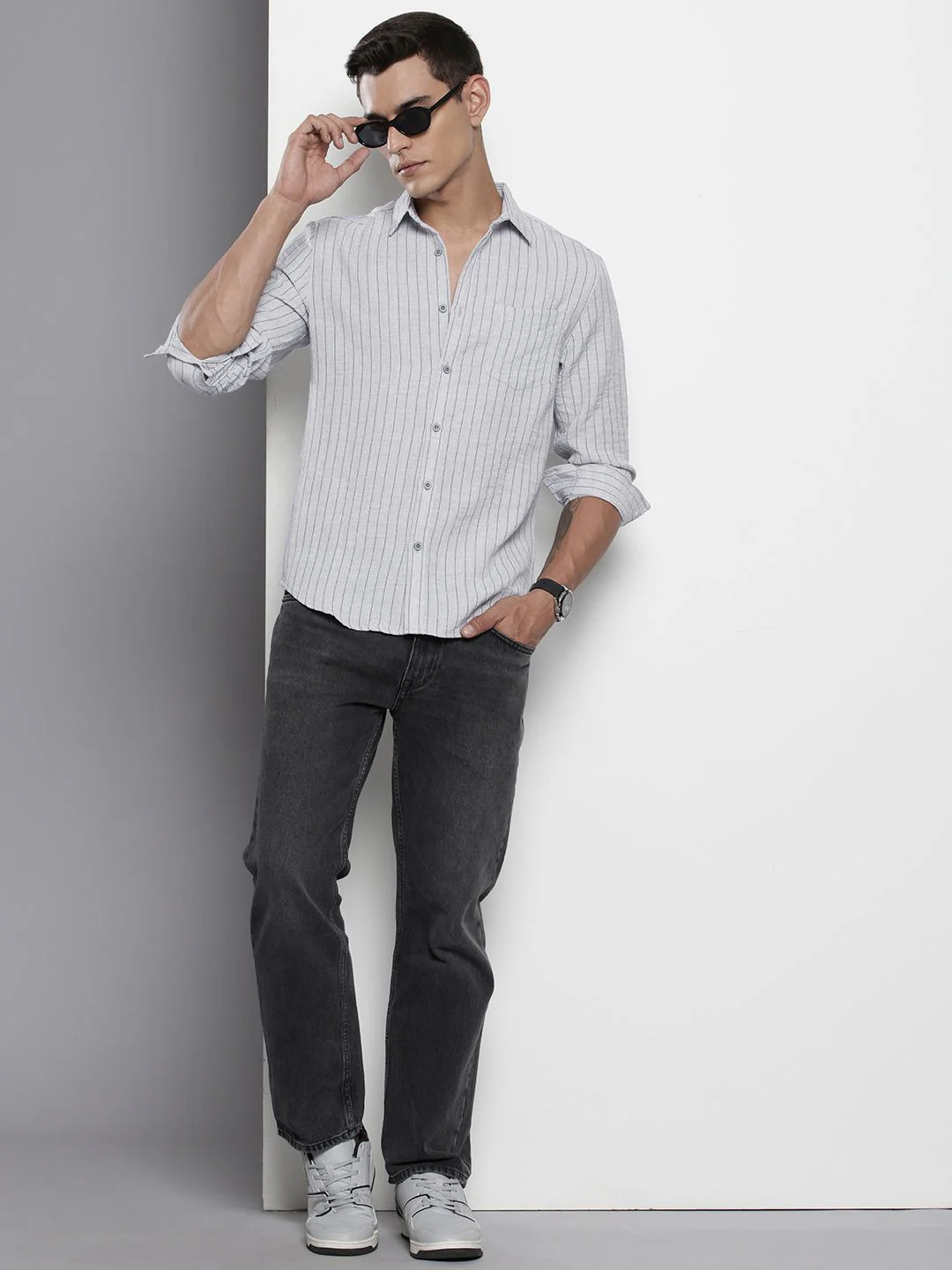 Men's Grey Slim Fit Striped Casual Shirt - Image 5
