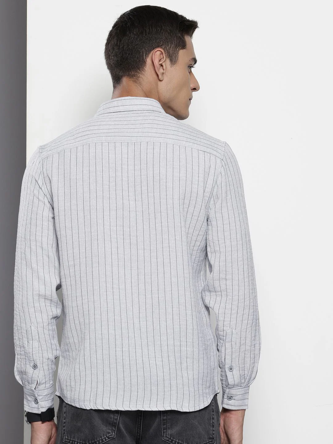 Men's Grey Slim Fit Striped Casual Shirt - Image 6