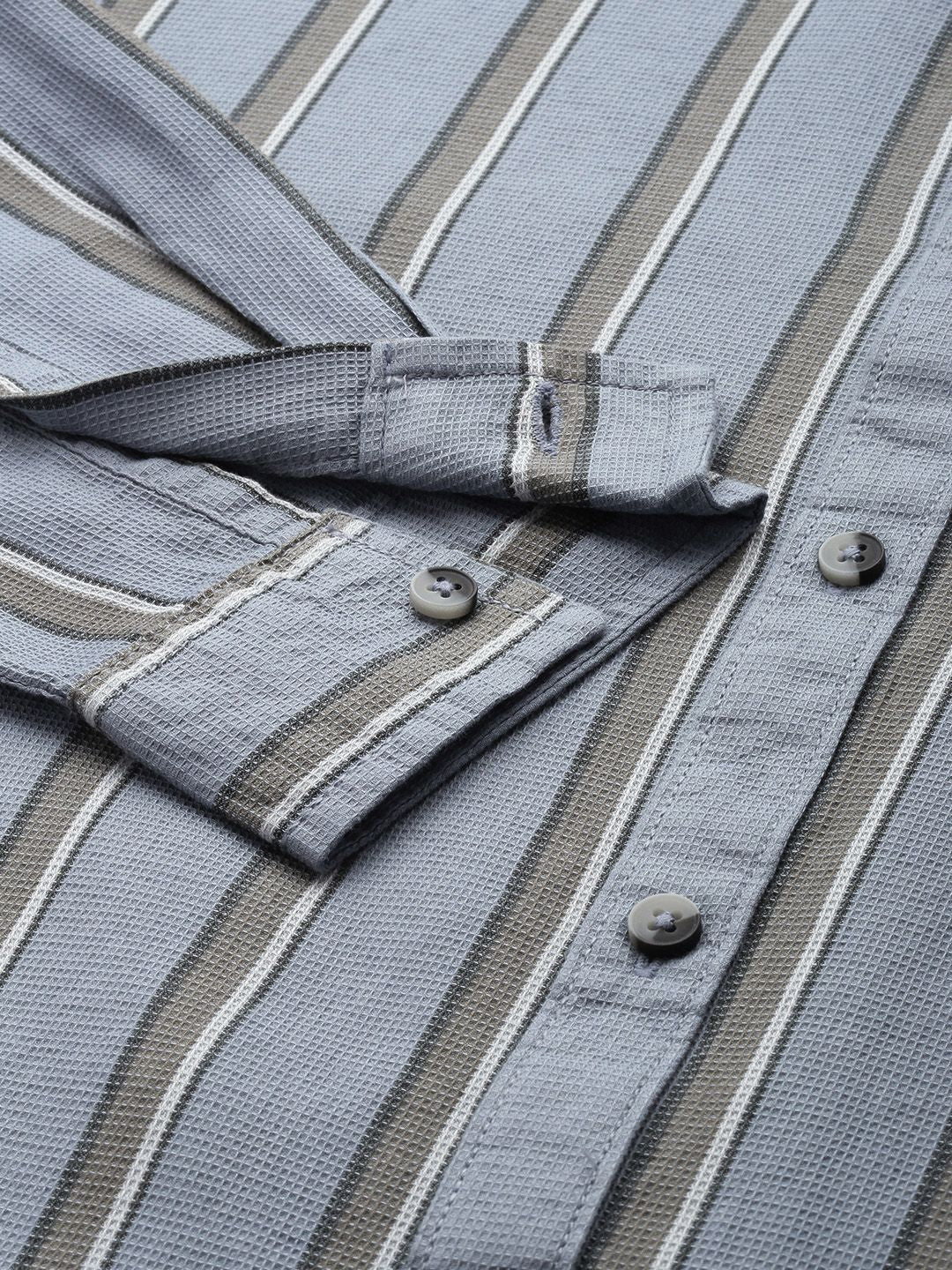 Men's Grey Slim Fit Striped Casual Shirt - Image 5