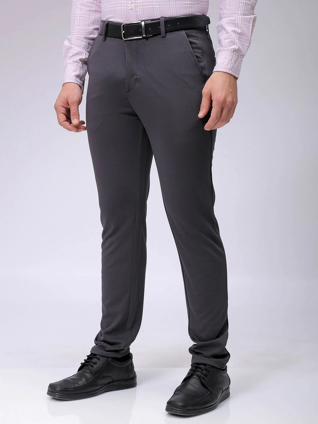 Men's Dark Grey Slim Fit Textured Formal Trouser - Image 2