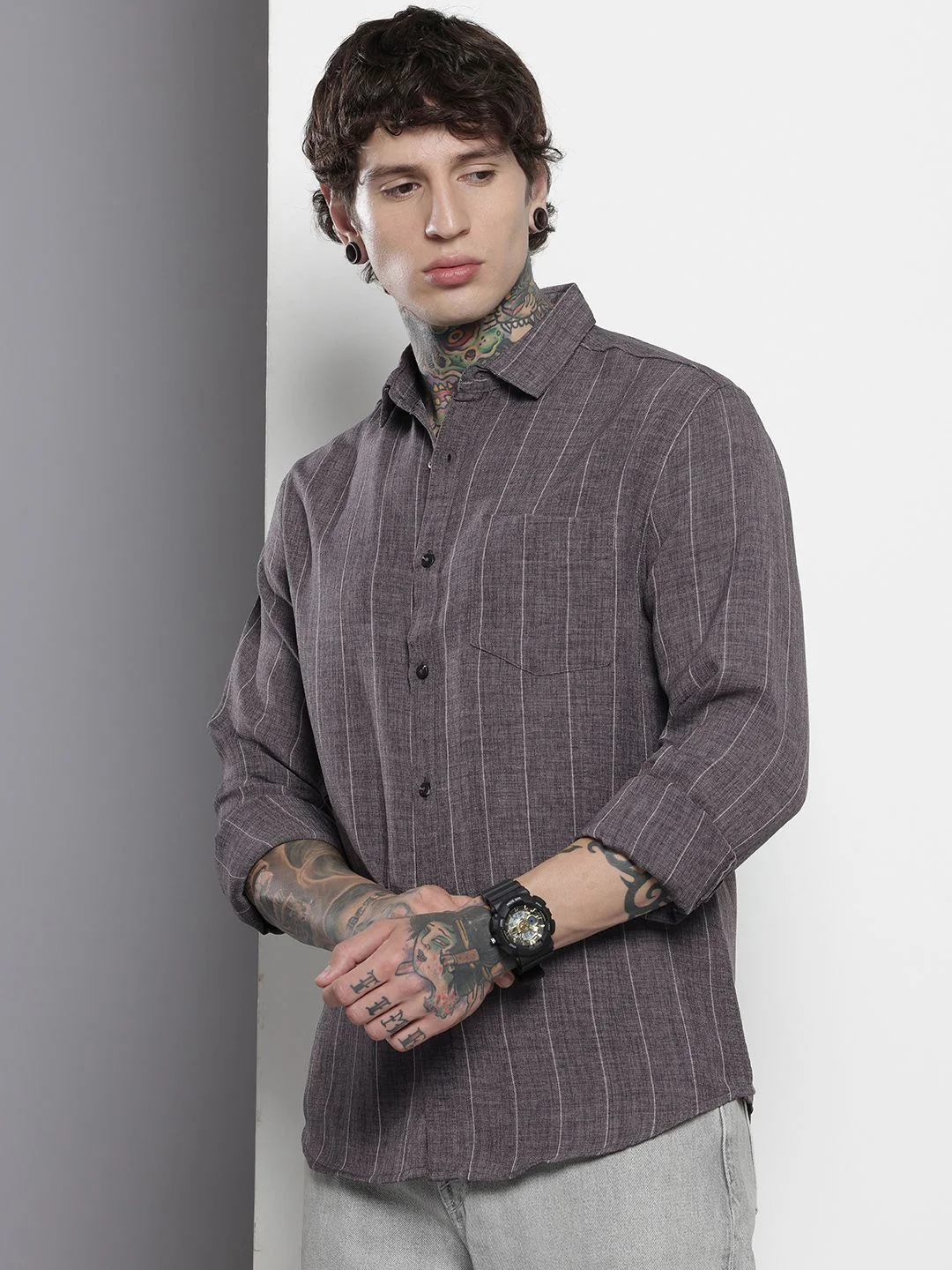 Men's Grey Slim Fit Striped Casual Shirt - Image 2