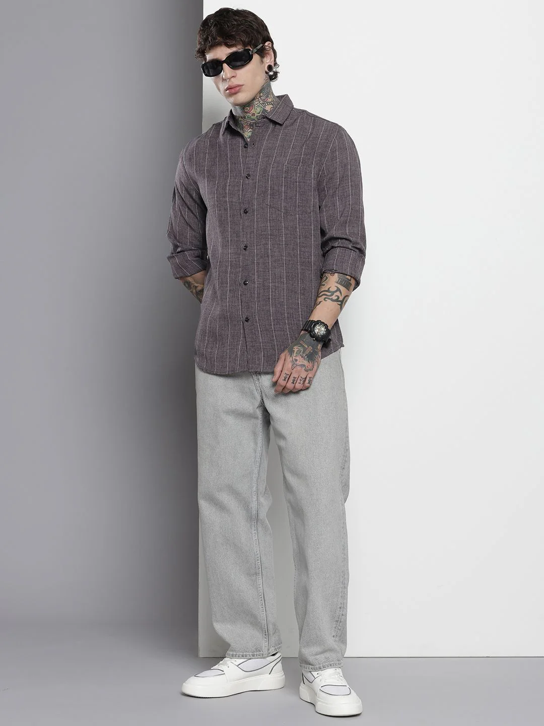 Men's Grey Slim Fit Striped Casual Shirt - Image 4