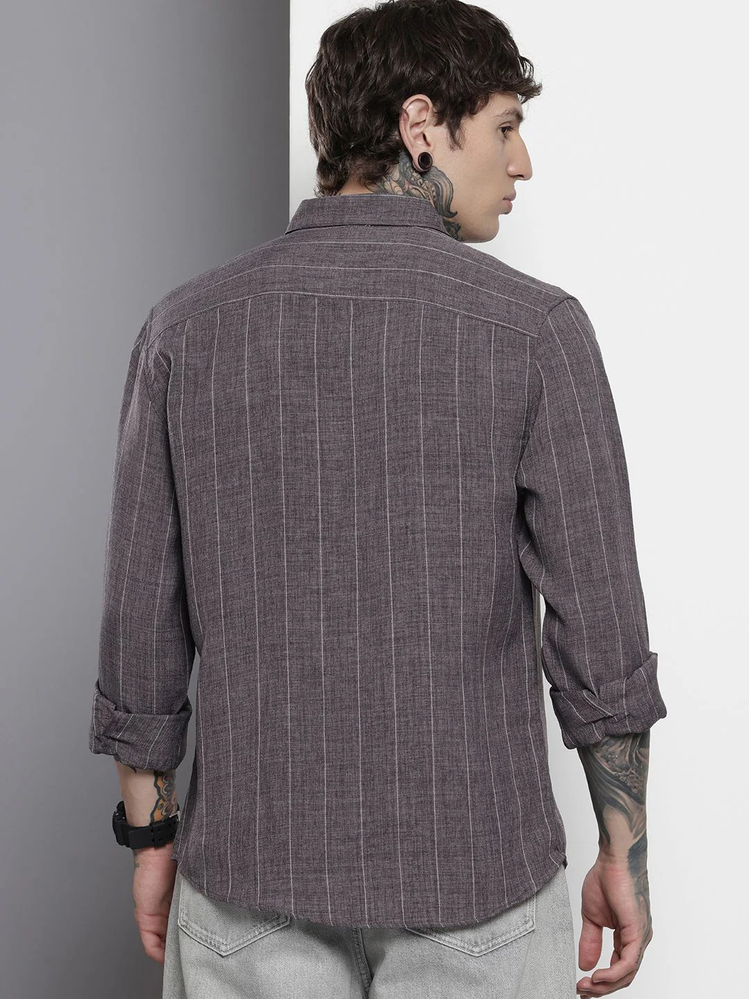Men's Grey Slim Fit Striped Casual Shirt - Image 5