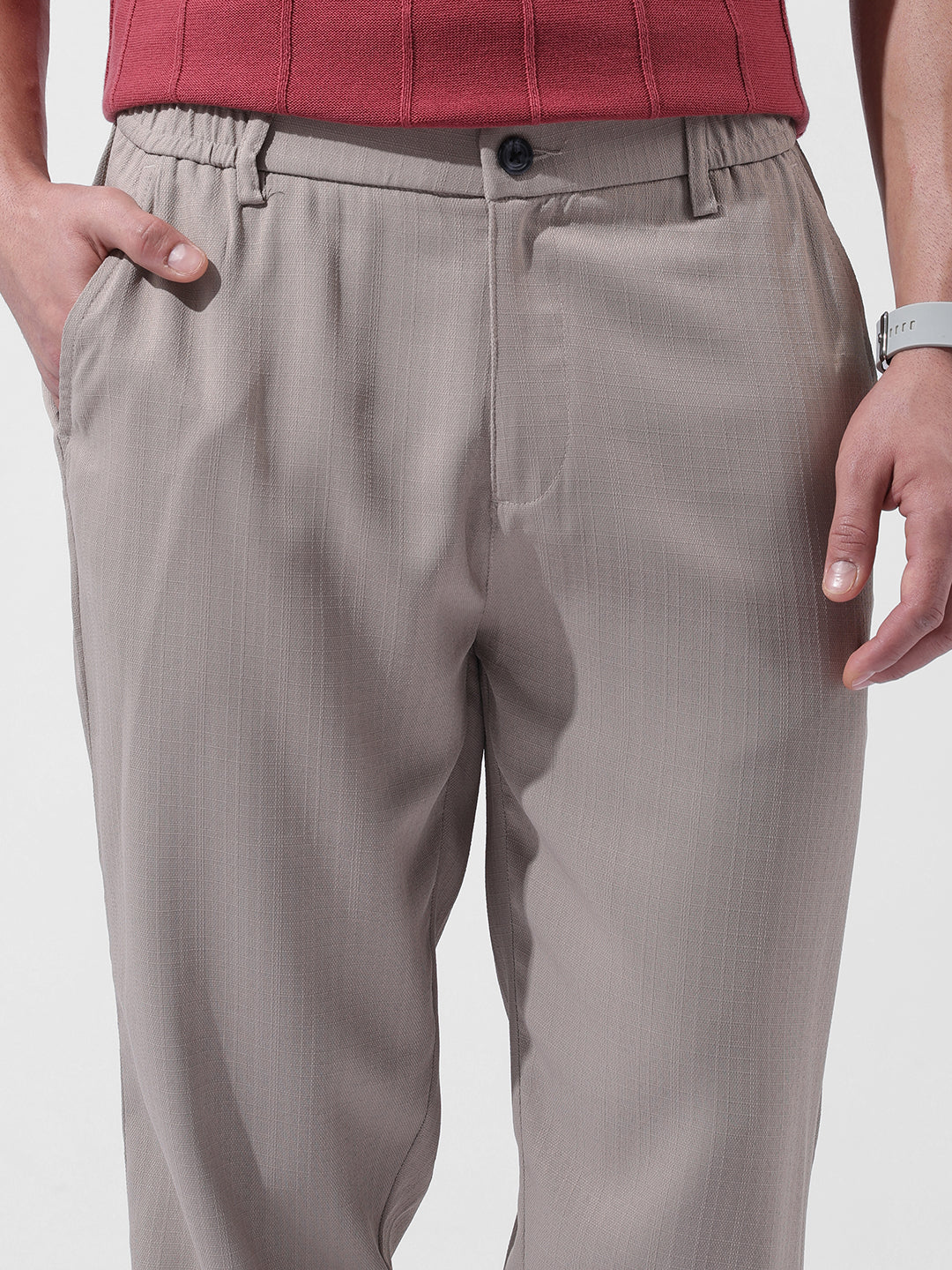 Men's Grey Regular Fit Solid Casual Trouser - Image 4