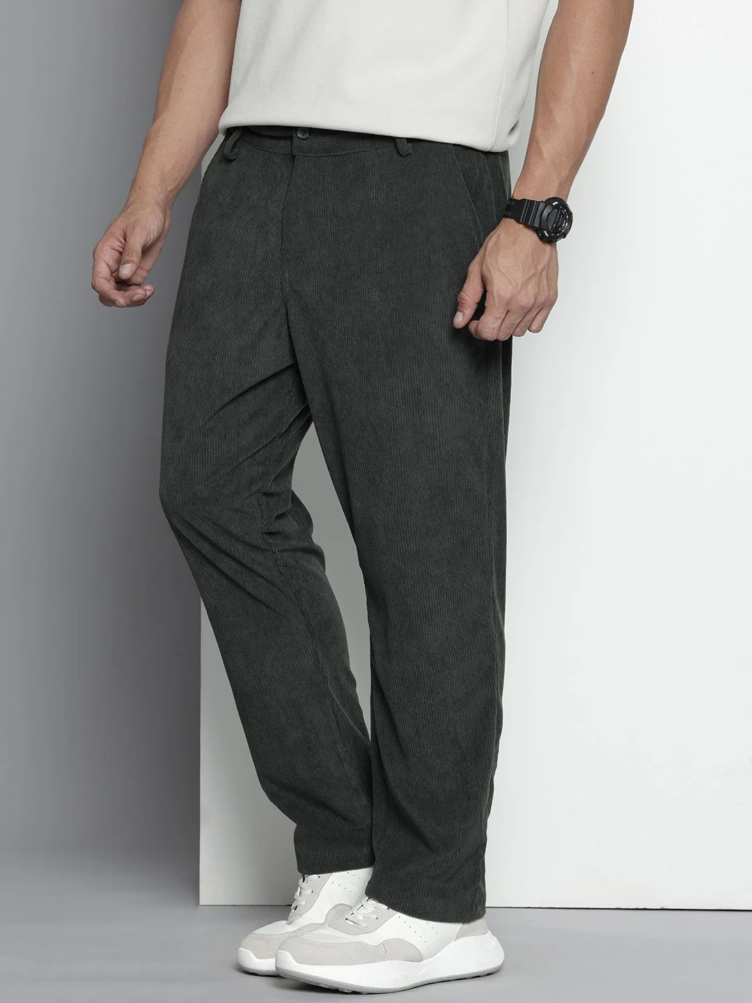 Men's Dark Grey Regular Fit Textured Casual Trouser - Image 3