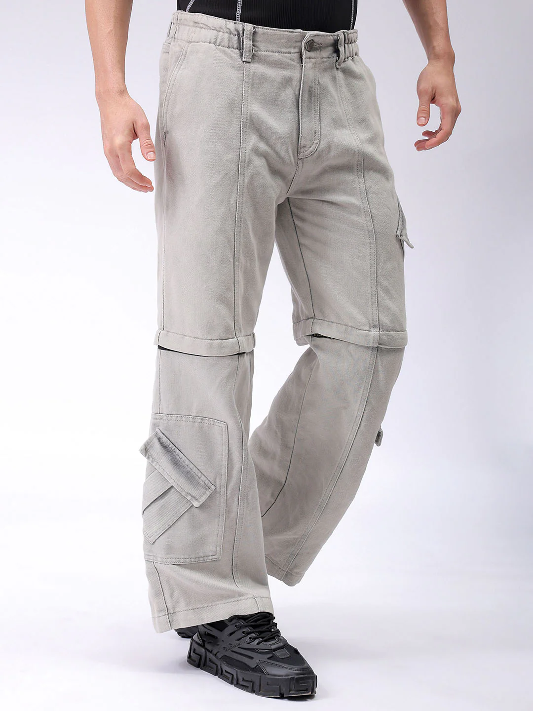 Men's Light Grey Wide Leg Fit Solid Utility Jeans - Image 2