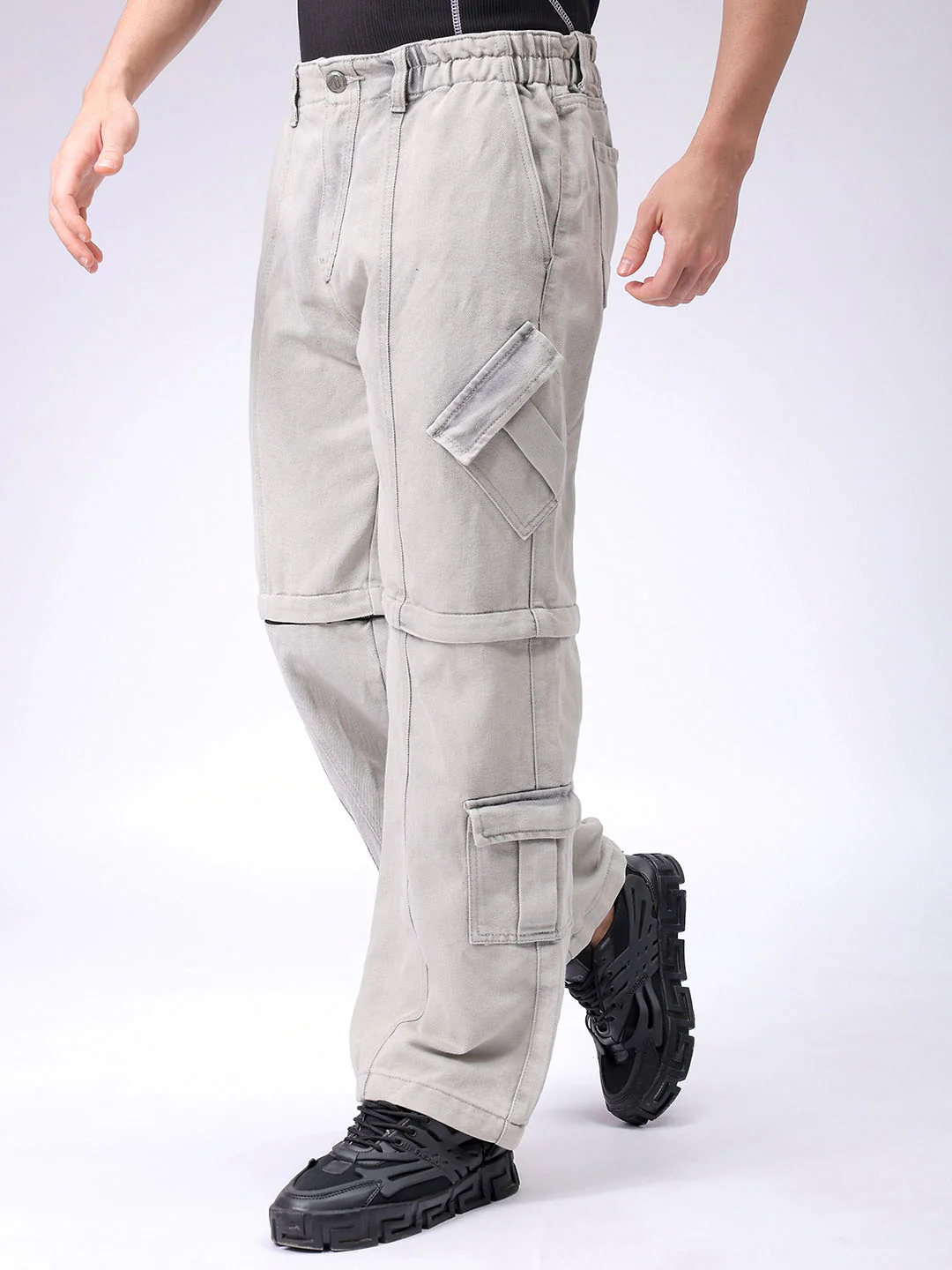 Men's Light Grey Wide Leg Fit Solid Utility Jeans - Image 3